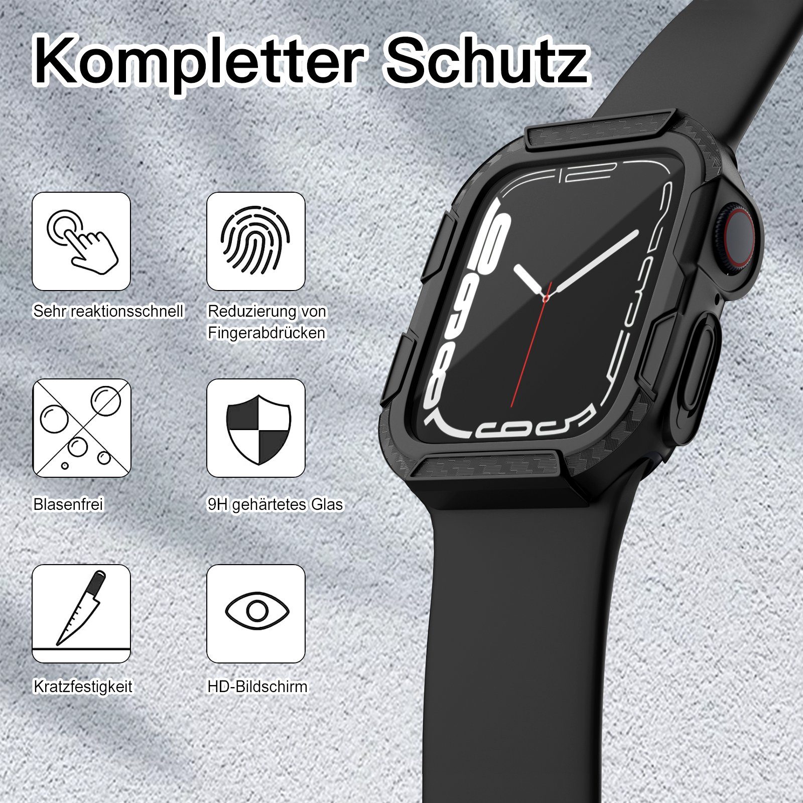 edimens Smartwatch-Hülle Schutzhülle für Apple Watch 9 8 7 45mm Stoßfest Kratzfest Glasfolie 45mm, Gehäuse und Membran sind integriert, schützen Sie Ihre Uhr rundum