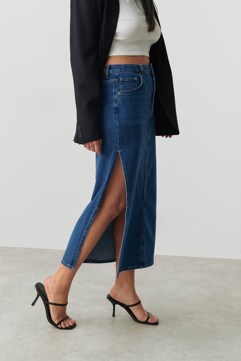 Long slit denim skirt