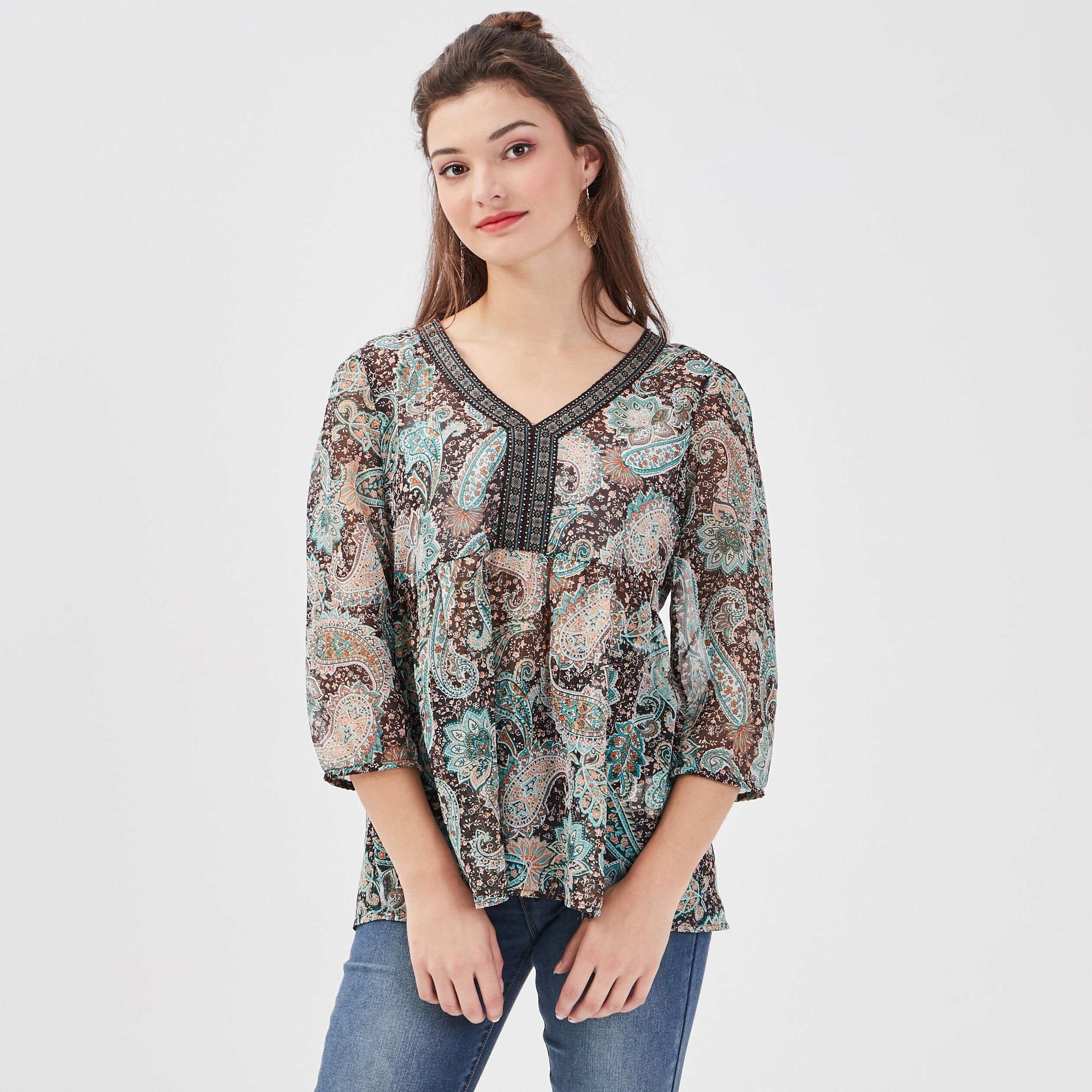 Blouse manches 3/4 marron foncé femme | Cache Cache