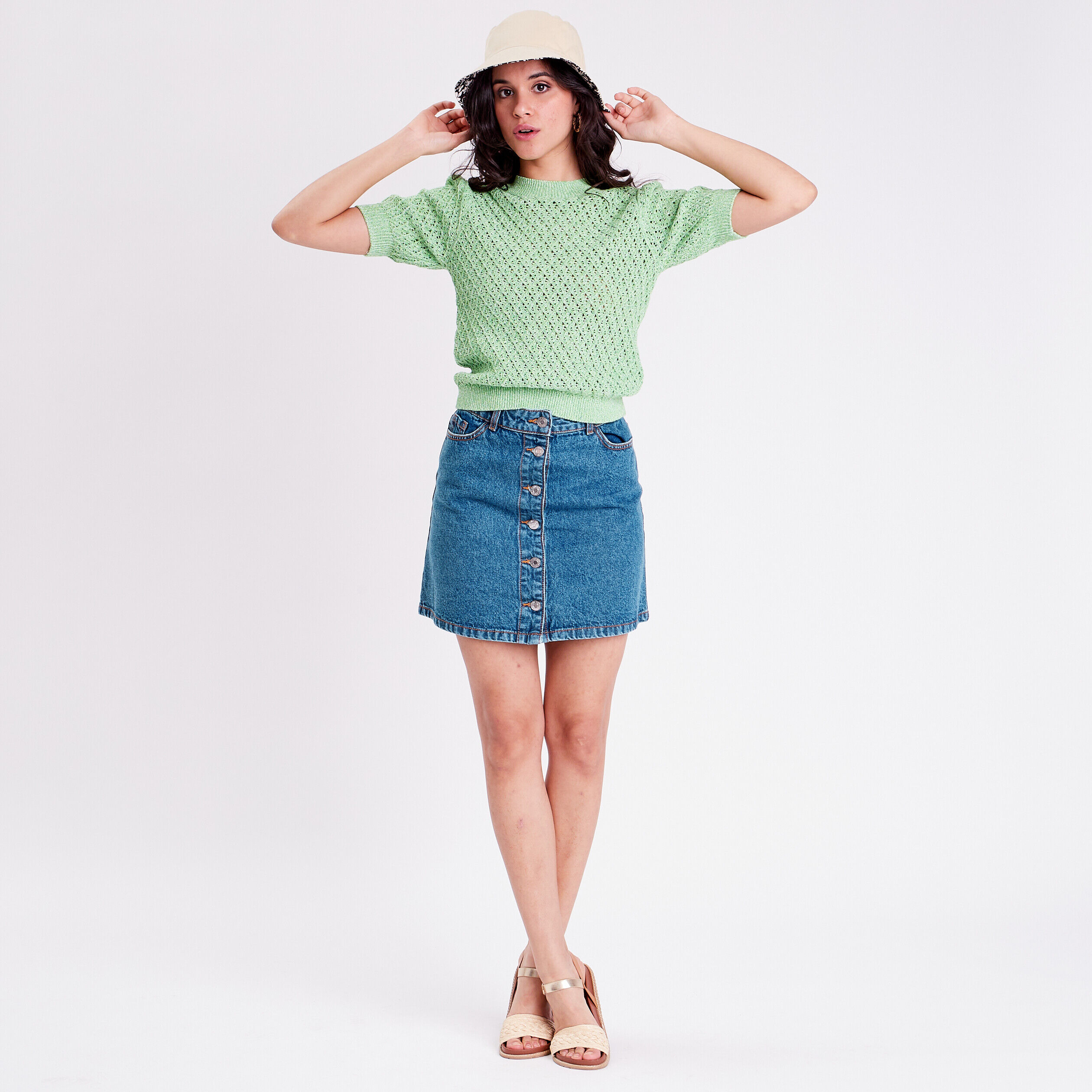 Pull manches courtes ajouré vert clair femme | Cache Cache