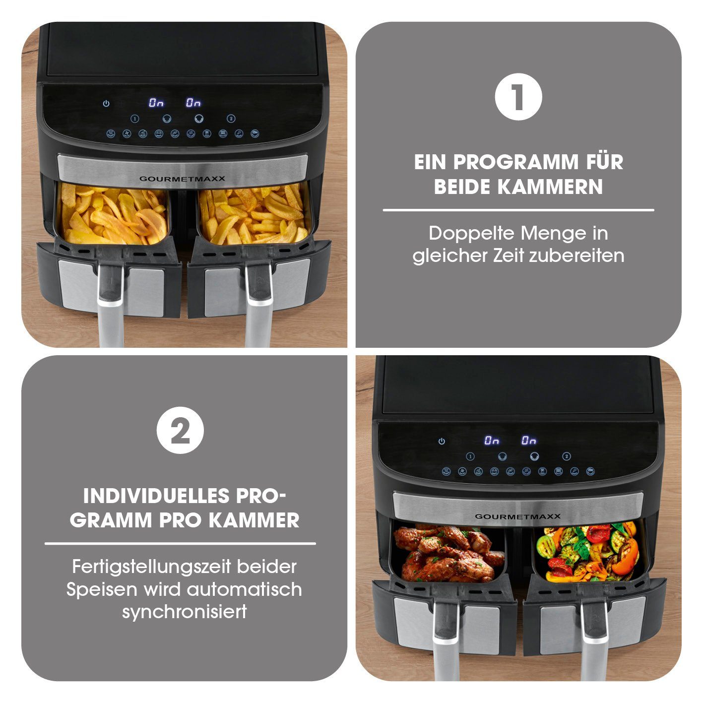 GOURMETmaxx Heißluftfritteuse Doppelkammer 7L, 2400,00 W, 2 x 3,5L Doppelkorb