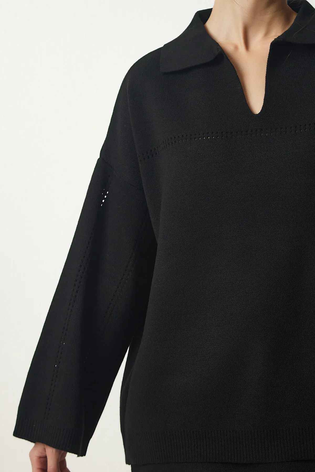 Happiness İstanbul  Stilvolles Strickpullover-Rock-Set mit Polokragen und schwarzem Damen YY00186