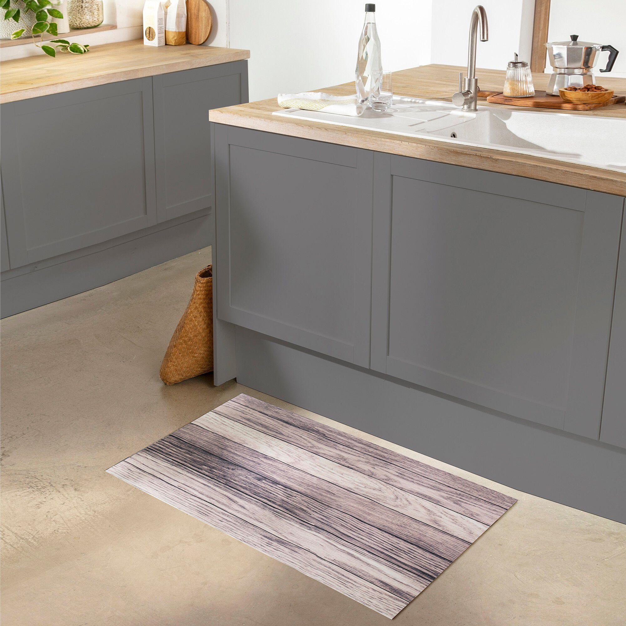 Tapis vinyle effet parquet cérusé
