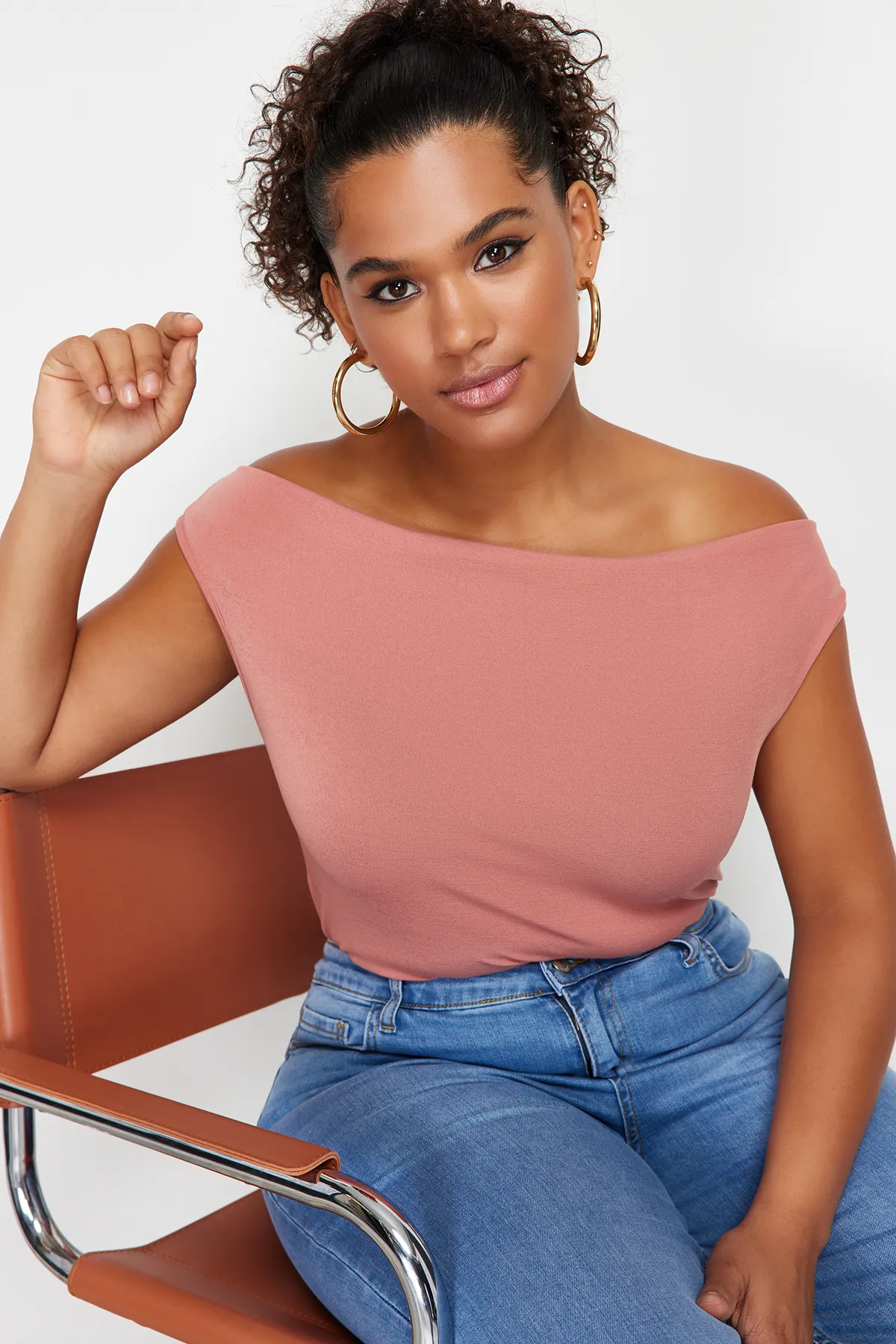 Trendyol Curve  Dried Rose Boat Degaje-Kragen-Strickbluse TBBSS24AF00021