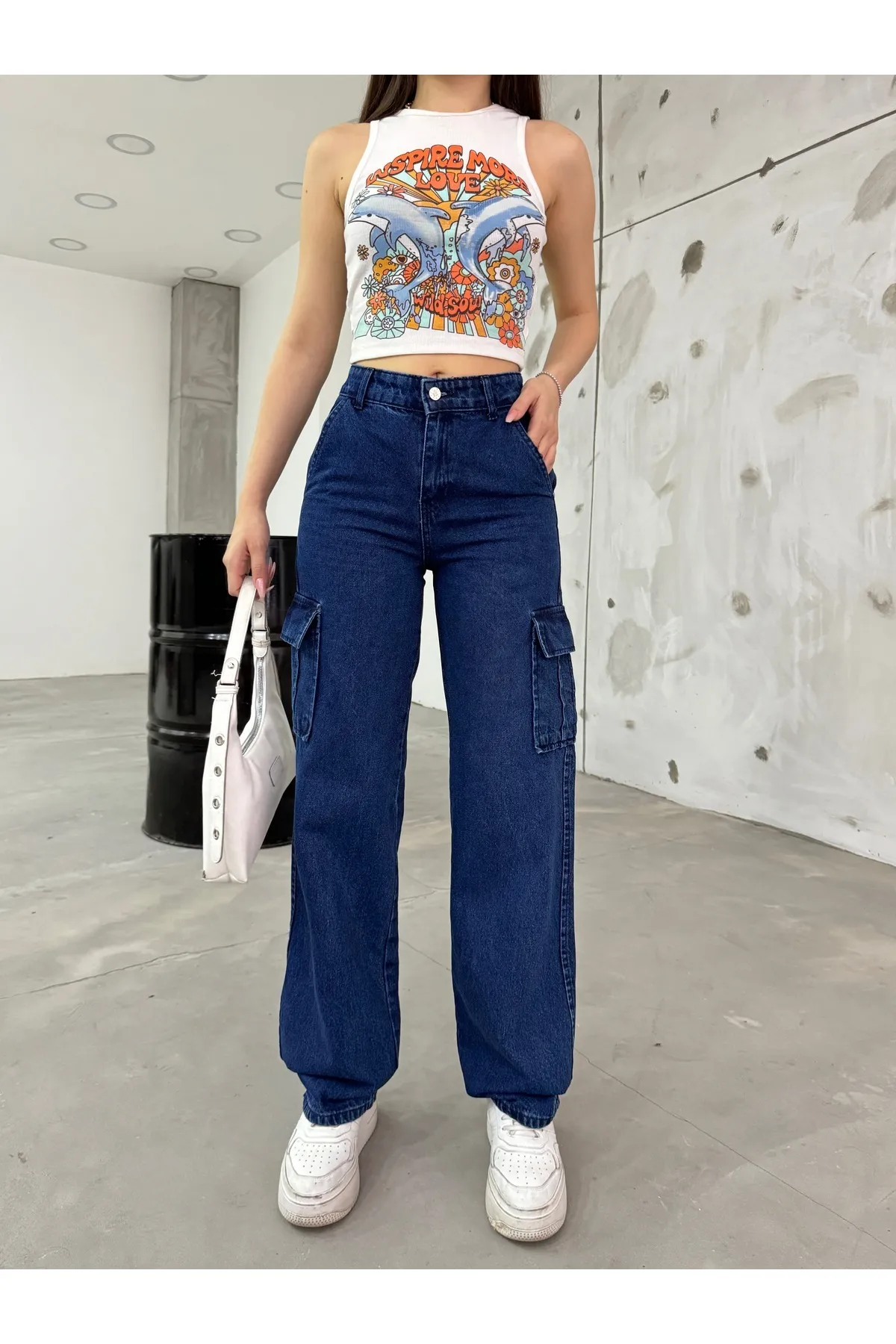 BİKELİFE  Marineblaue Cargohose mit hoher Taille und weitem Bein für Damen