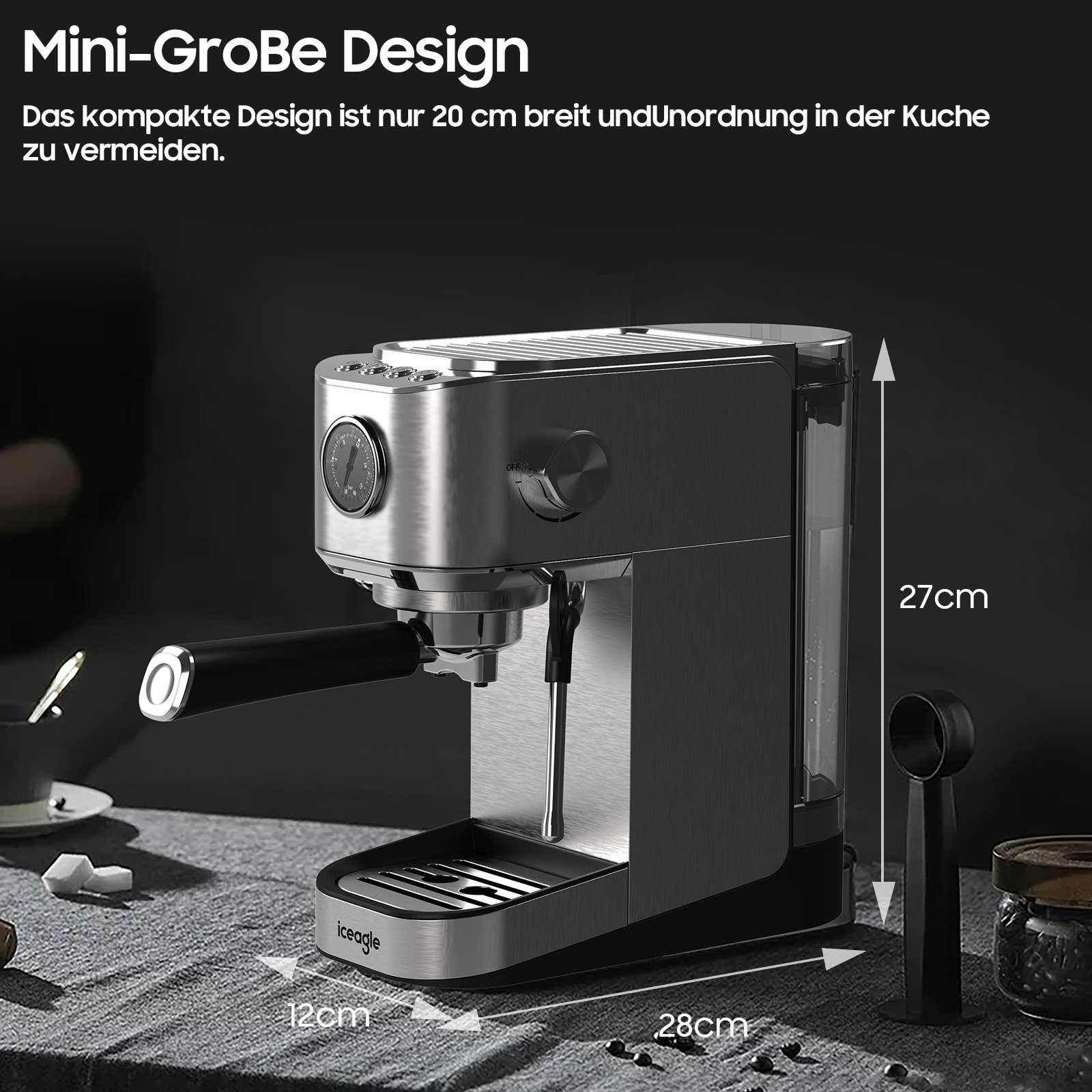 Sintech Espressomaschine Programmierbare,Zerkleinerer,1400W,Visuelles Manometer, Korbfilter, schnell 1-2 Tassen,mit Profi-Milchaufschäumer,20 Bar Hochdruckpumpe