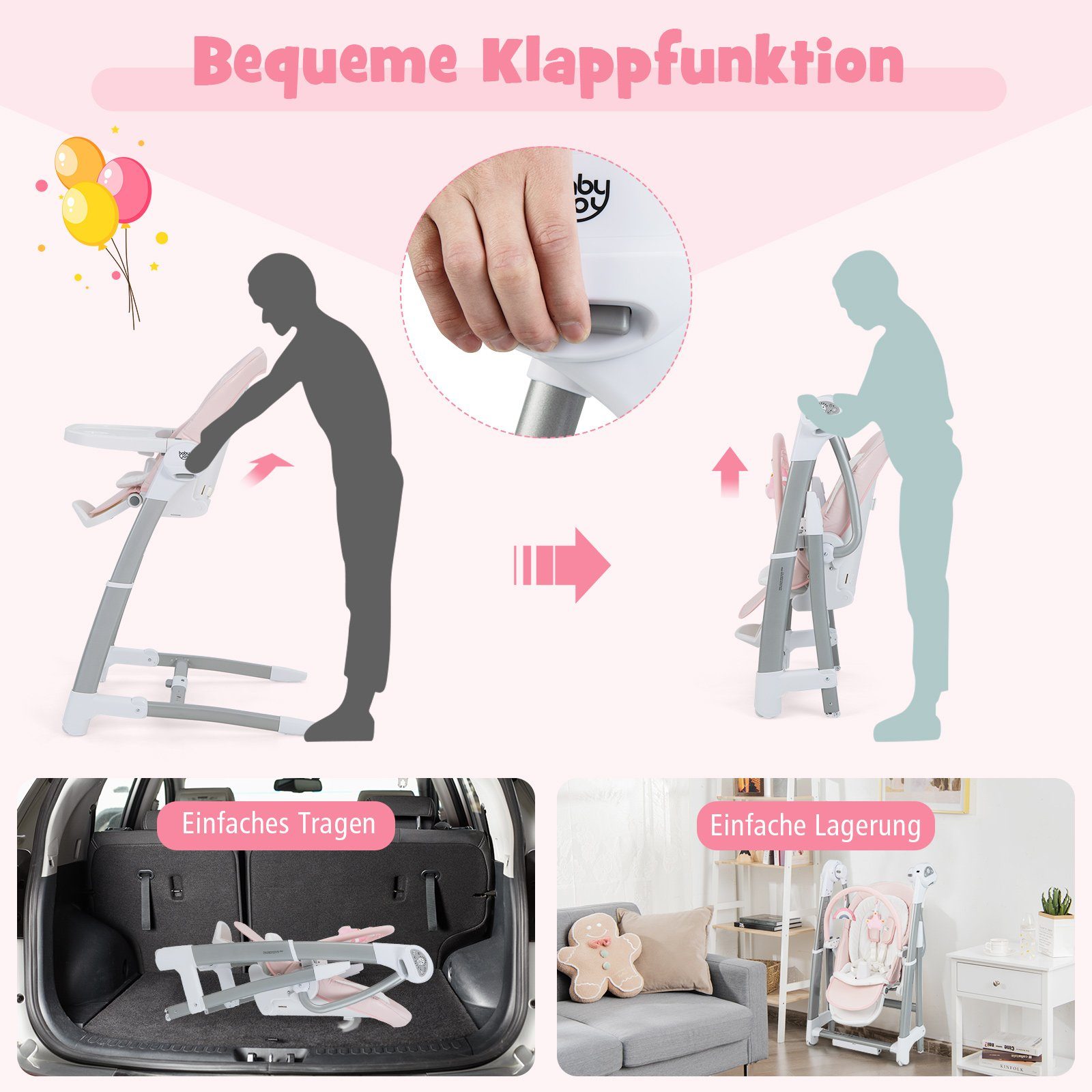 COSTWAY Kombihochstuhl 3 in 1 Babyschaukel, verstellbar