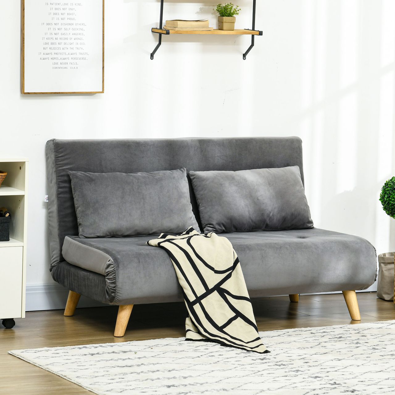 HOMCOM Schlafsofa 2-Sitzer Sofa mit Bettfunktion, Klappsofa mit Kissen, Grau