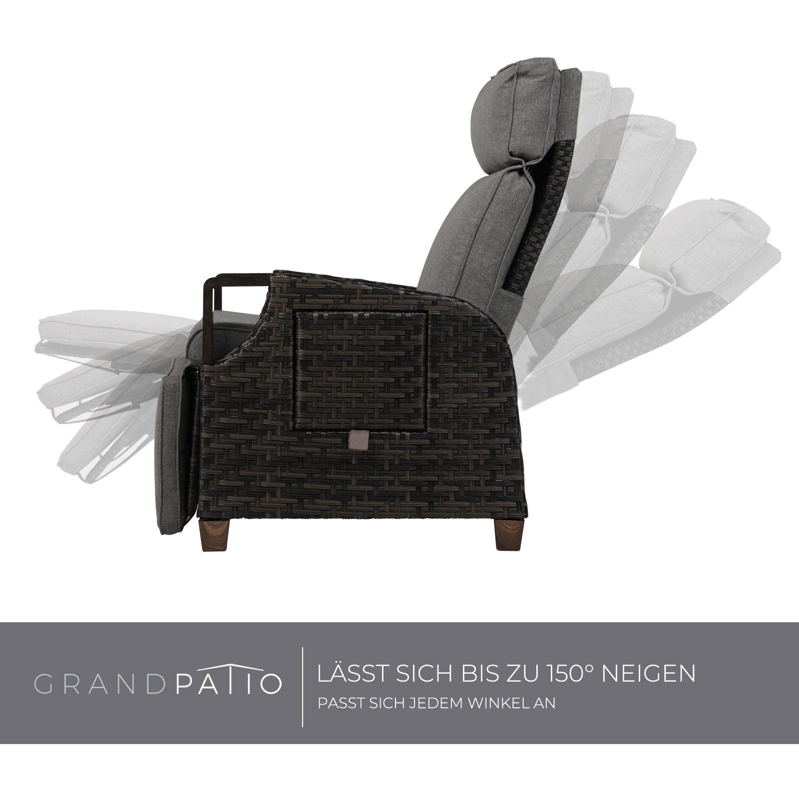 Grand patio Gartensessel Liegesessel mit Sitzkissen, Aluminiumgestell, verstellbare Rückenlehne, mit Klapptisch, mit 2 Knöpfen