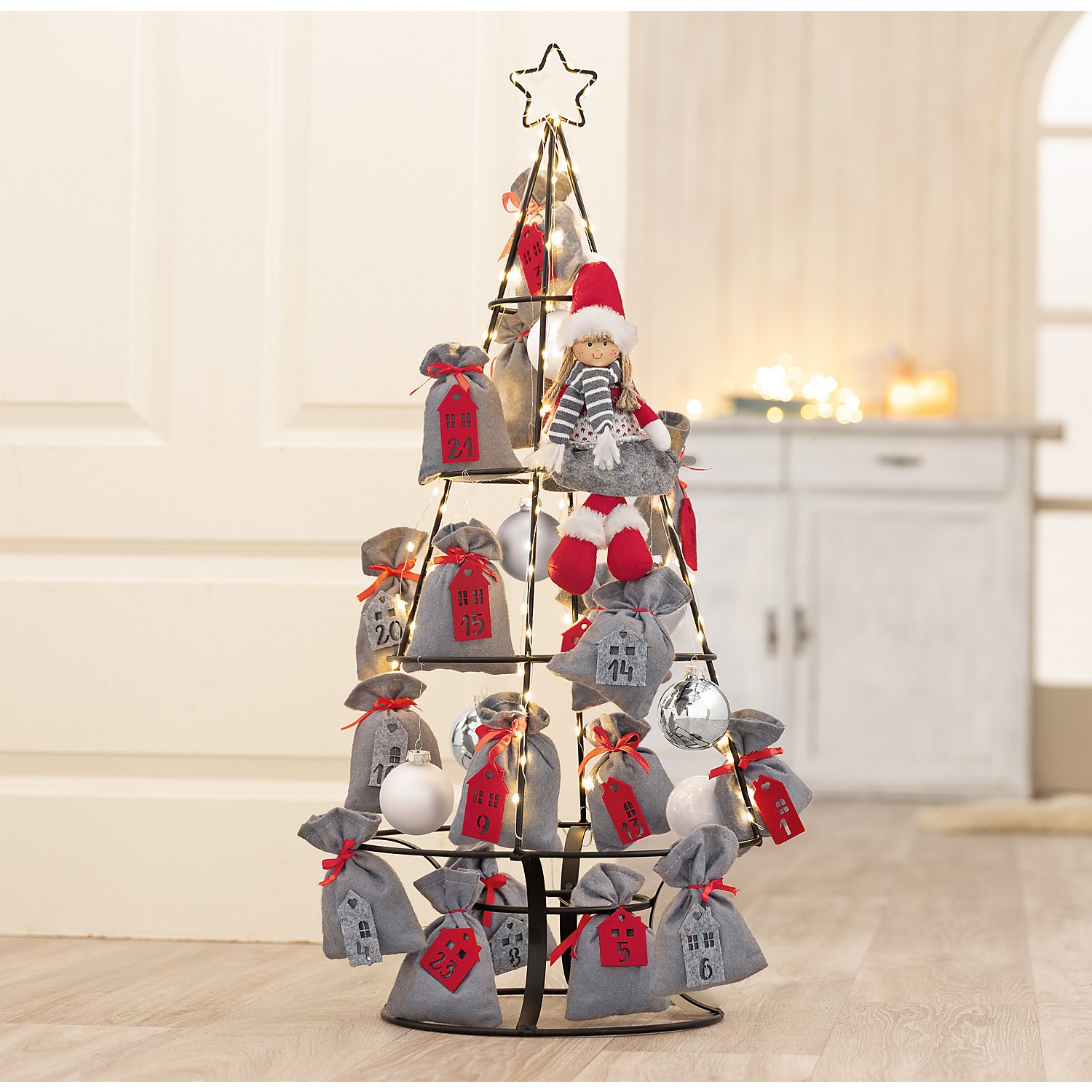 Adventskalenderzahlen aus Filz, rot, grau, 2,7–6,5 cm