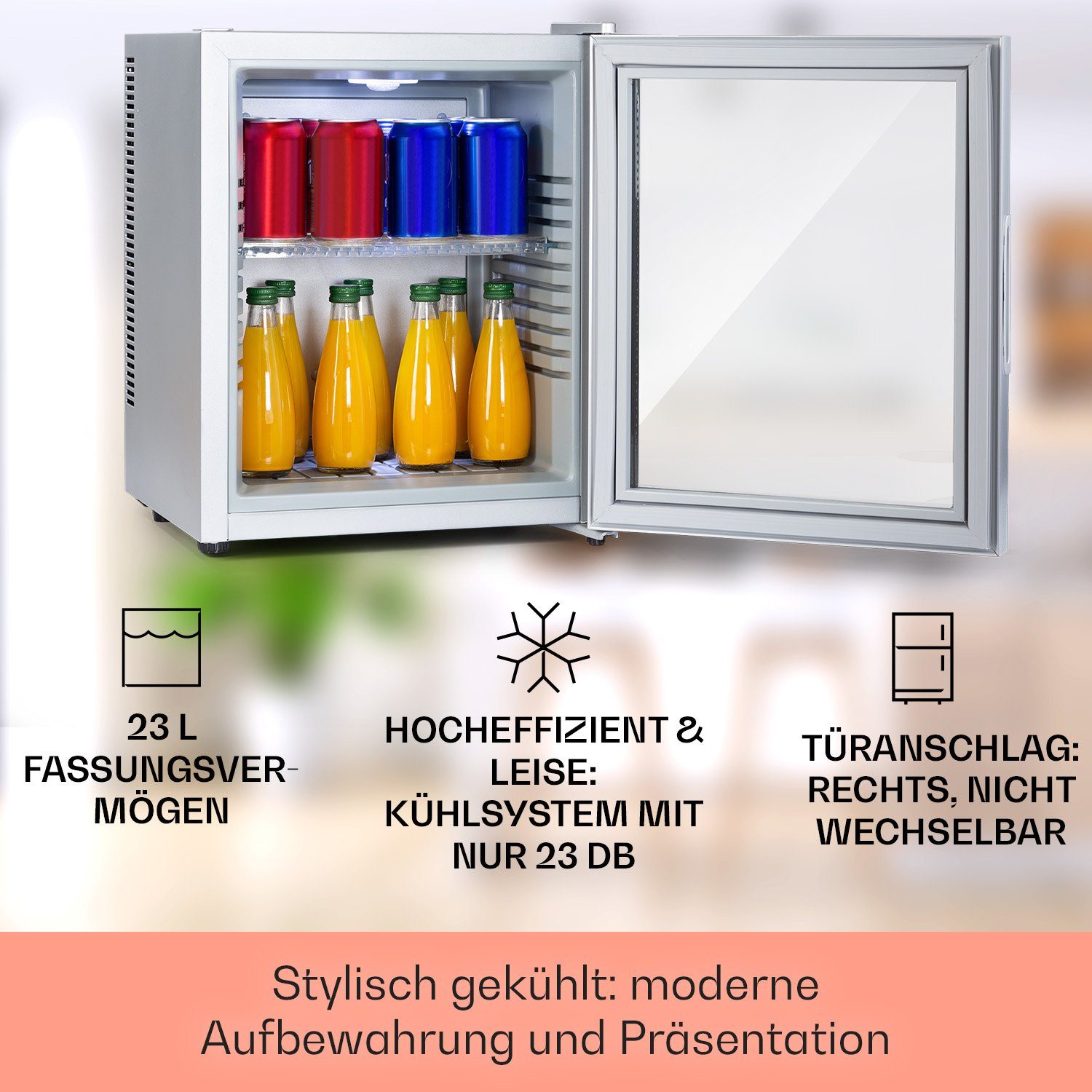 Klarstein Table Top Kühlschrank HEA-Brooklyn-24Slb 10035224A, 47 cm hoch, 38 cm breit, Hausbar Minikühlschrank ohne Gefrierfach Getränkekühlschrank Glastür