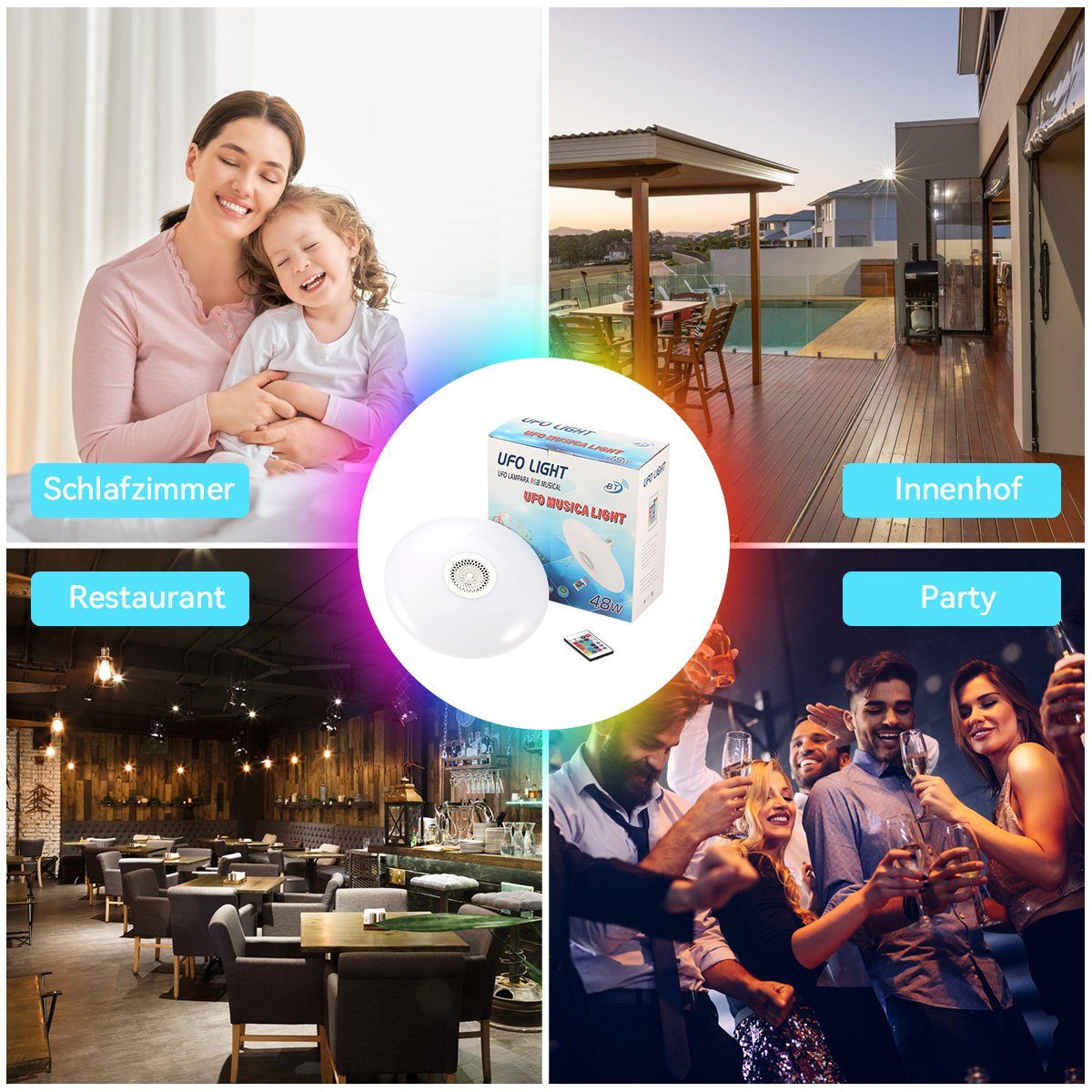 oyajia Deckenleuchte 48W E27 LED Deckenlampe mit Bluetooth Lautsprecher, mit Fernbedienung, LED fest integriert, RGB, Dimmbar LED RGB Lampe Leuchtmittel, für Home Stage Party Weihnachtsdeko