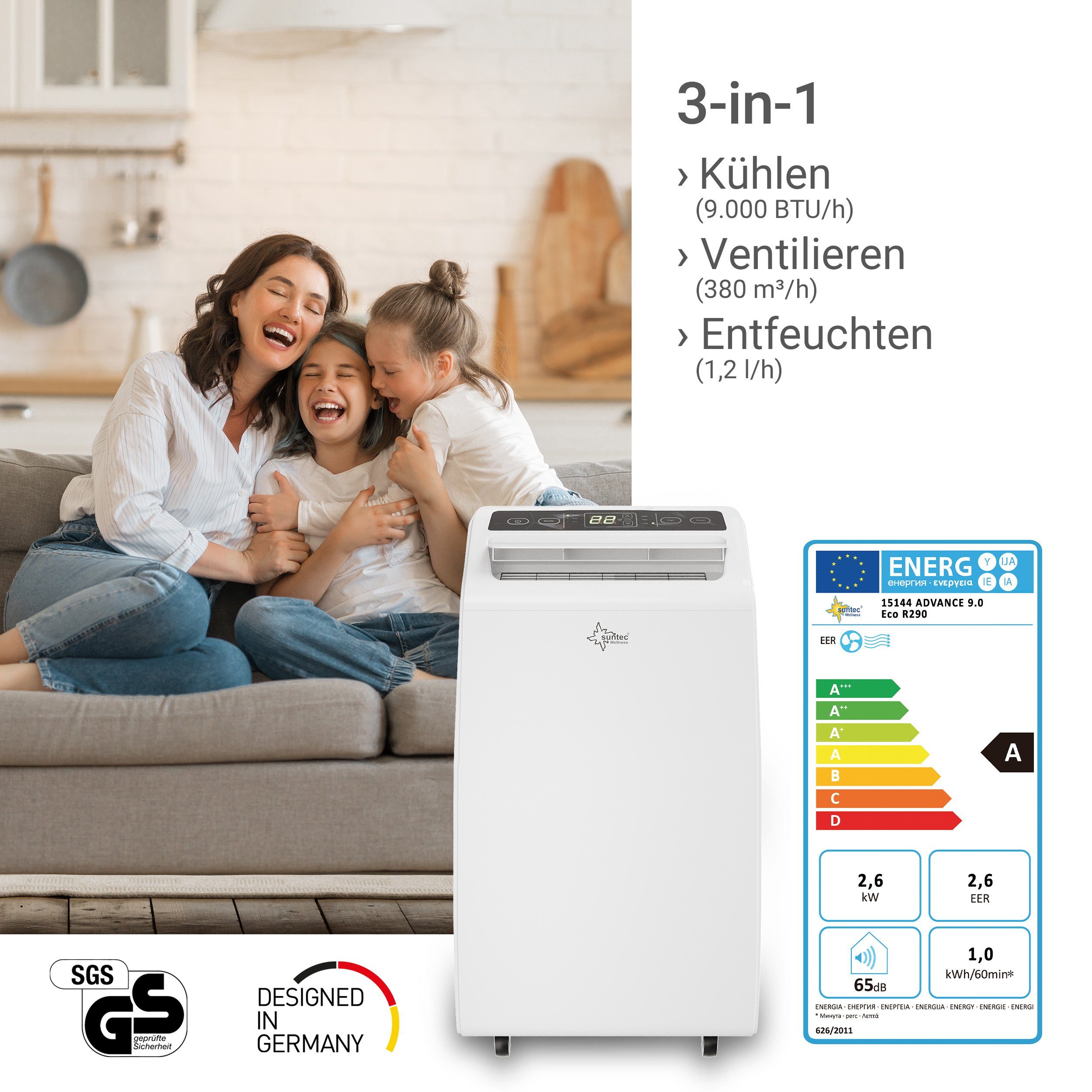 Suntec Wellness 3-in-1-Klimagerät Advance 9.0 Eco R290, Mobile Klimaanlage für Räume bis 80 m³, Kühler & Entfeuchter