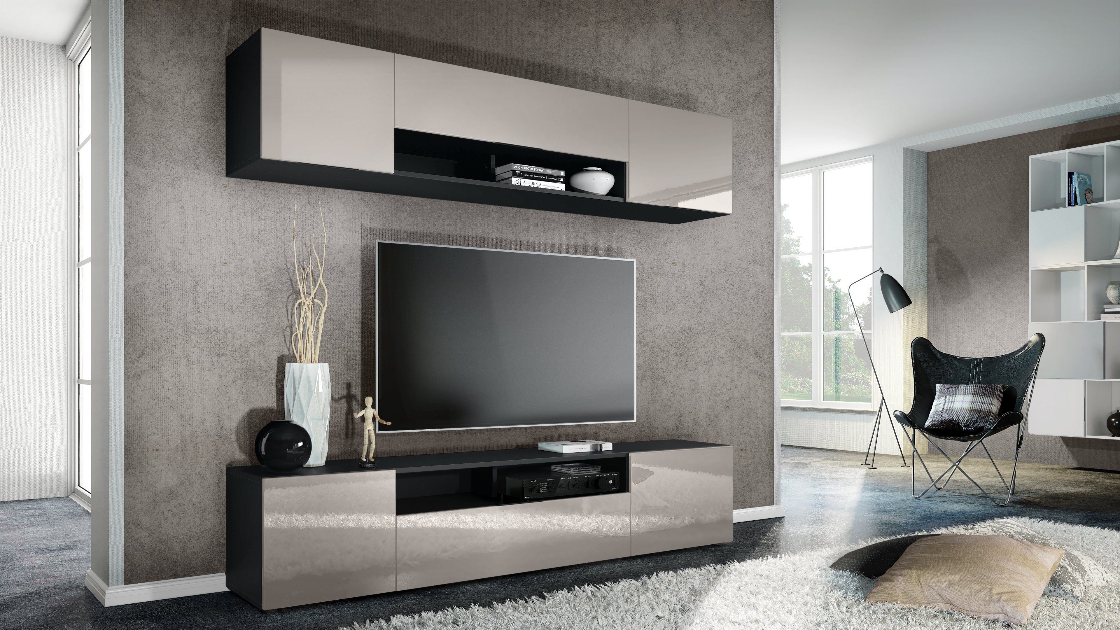 Vladon Wohnwand Mogan, (Anbauwand bestehend aus 2 TV-Boards, 2-St., mit jeweils 2 Türen, 1 Klappe und 1 offenes Fach), Schwarz matt/Sandgrau Hochglanz 2x (181 x 39 x 35 cm)