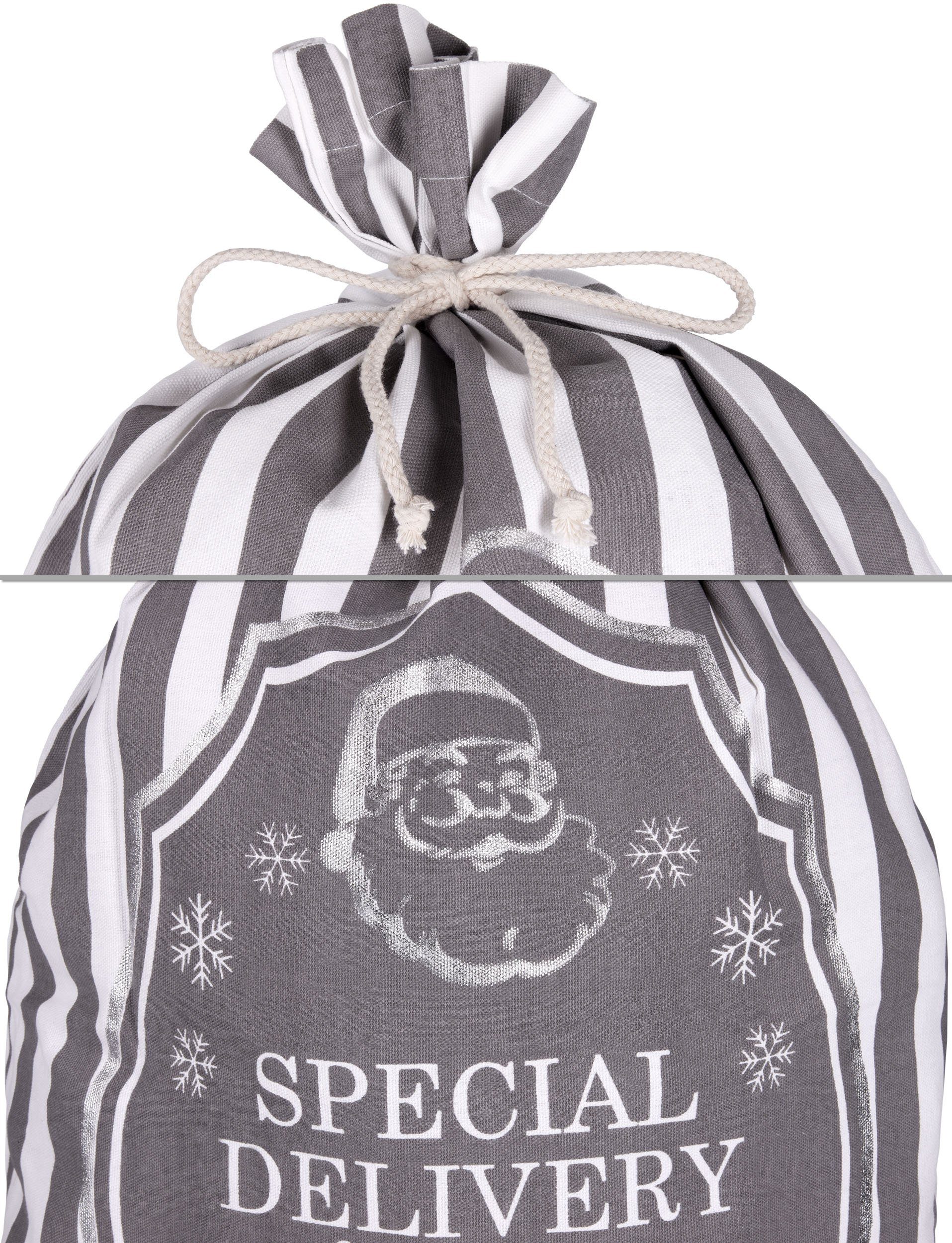 BRUBAKER Aufbewahrungstasche Weihnachtssack Special Delivery from the North Pole - Weiß Grau (80 cm Geschenksack Weihnachten, 1-tlg., Weihnachtsmann Post), Nikolaussack Sack Baumwolle mit Kordel zum Verpacken