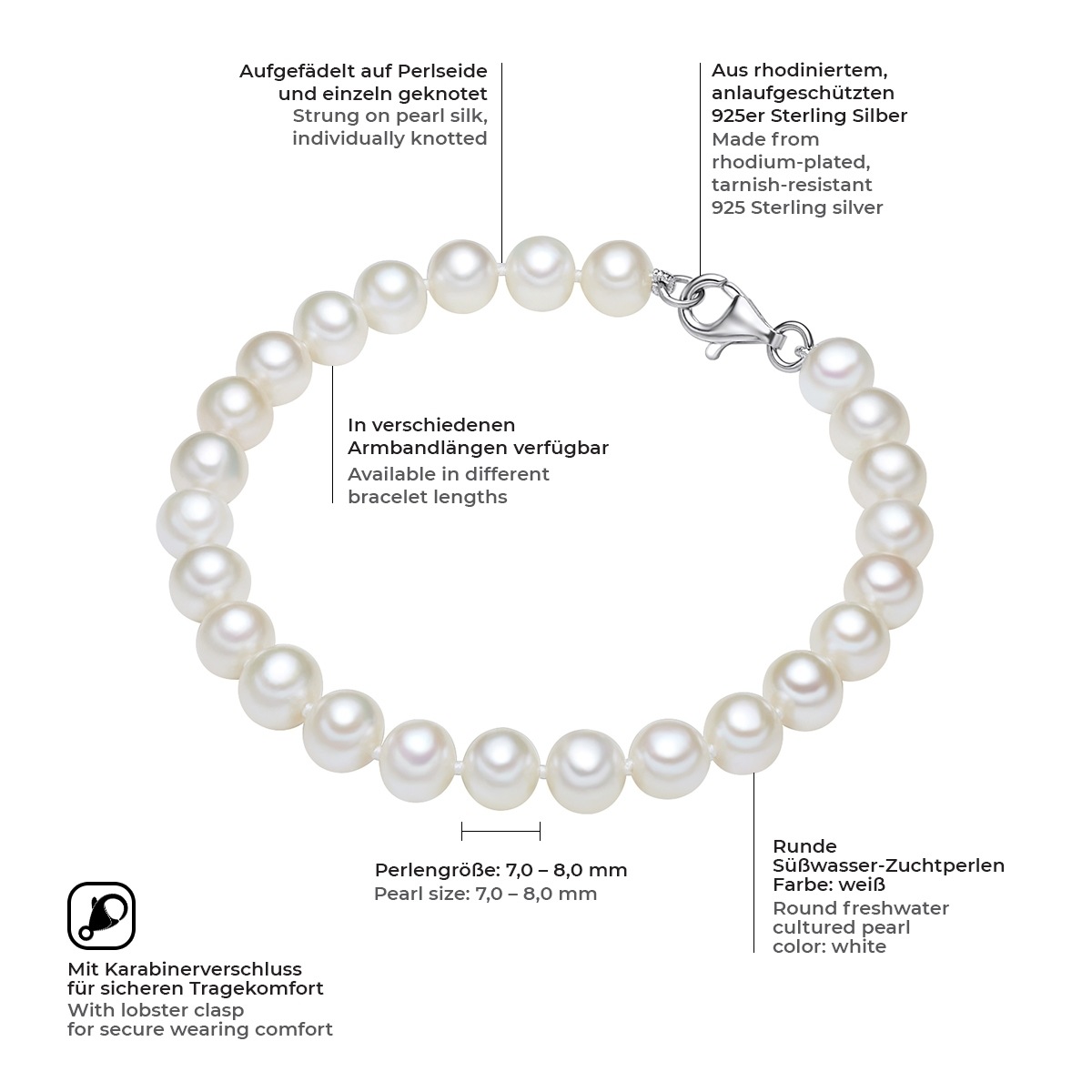 Perlen-Armband Sterling Silber Süßwasser-Zuchtperle in Silber