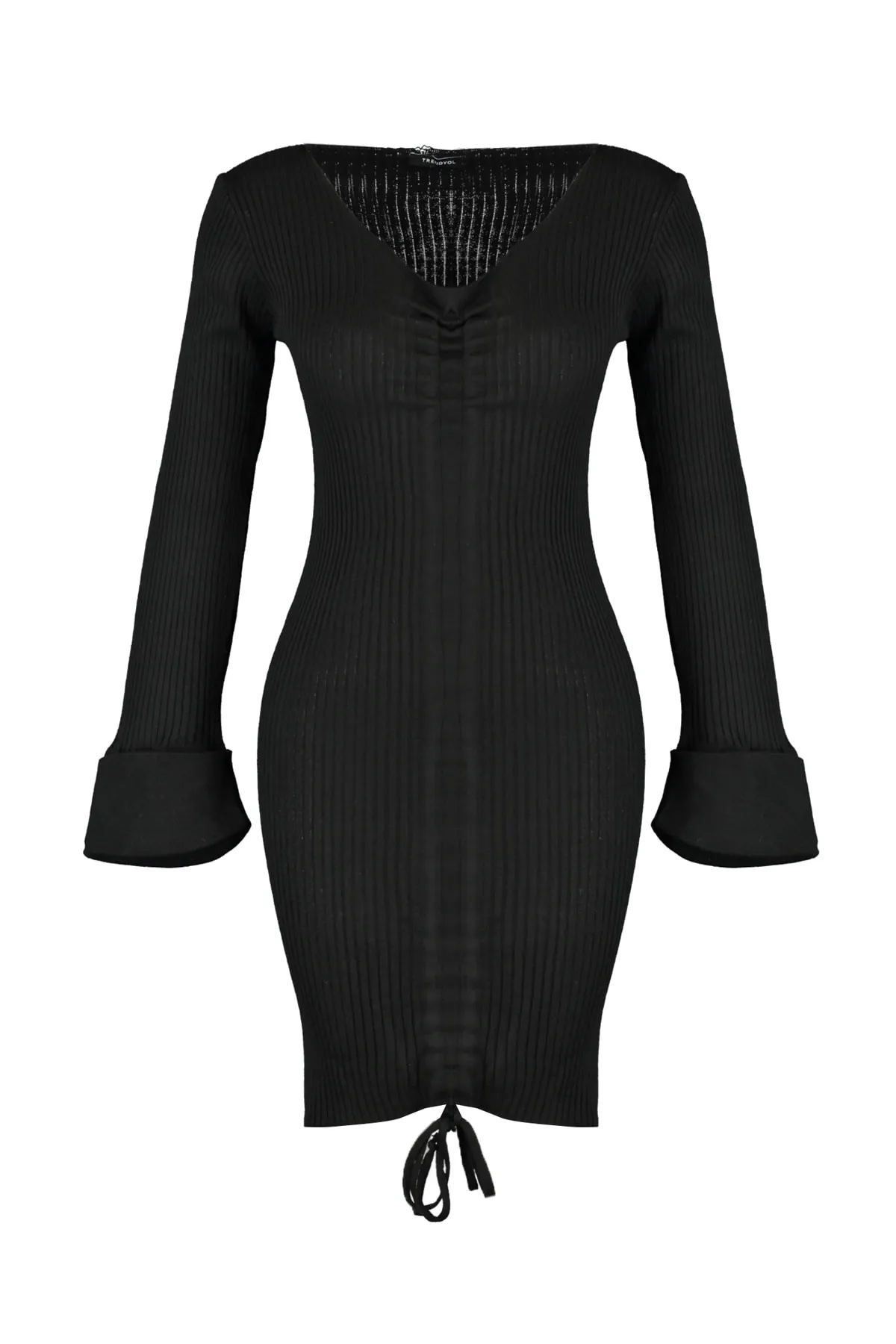 Trendyol Collection  Schwarzes Mini-Strickkleid mit V-Ausschnitt TWOAW22EL0564