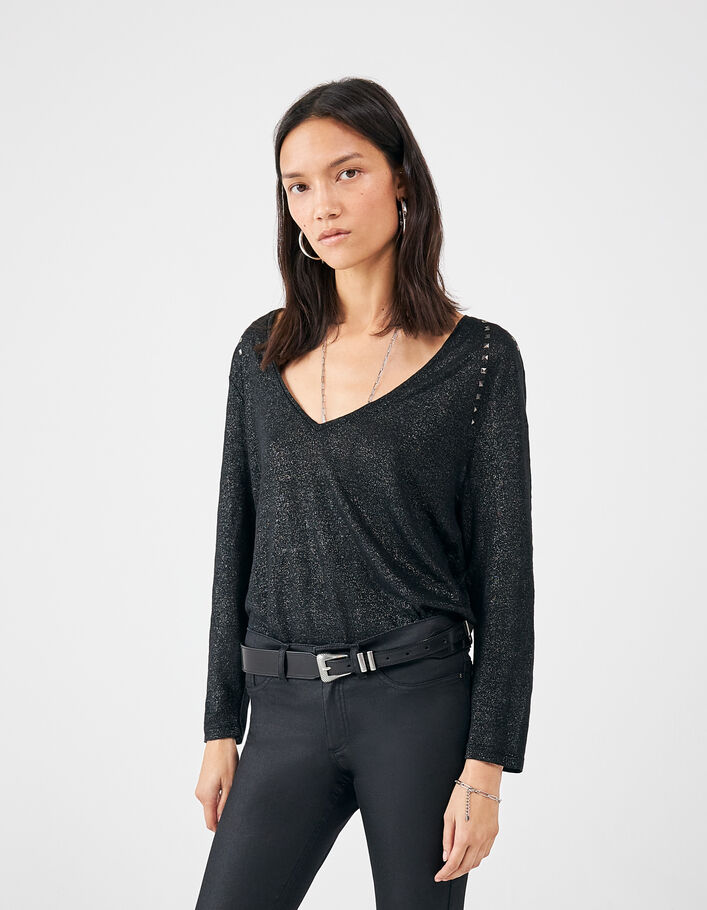 Tee-shirt noir en lin foil détails clous bijous femme