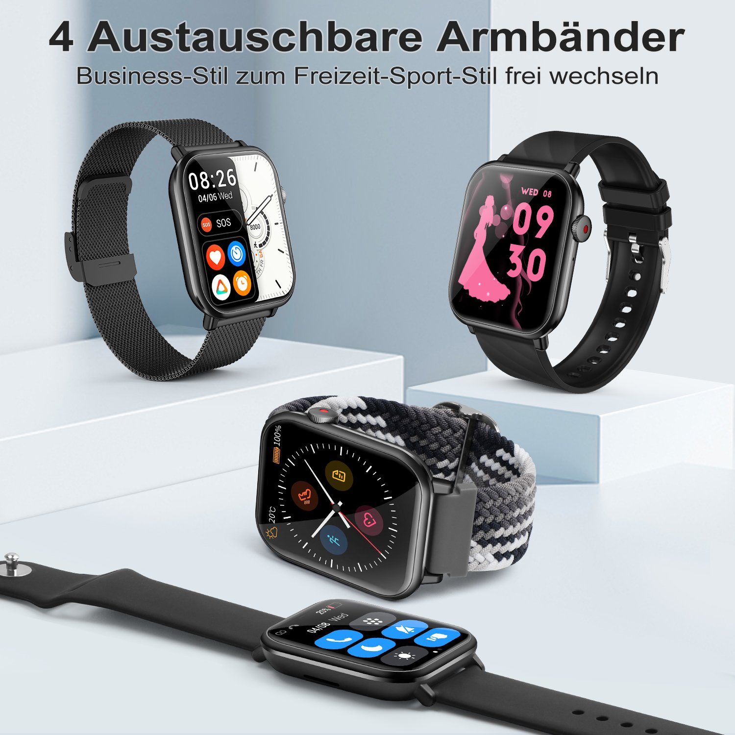walkbee Smartwatch,Fitness Tracker Uhr für Damen Herren mit Telefonfunktion Smartwatch (5 cm/1.96 Zoll Full-Touch Zoll) IP67 Wasserdicht Fitness Uhr, 4 Austauschbare Armbänder, Fitness Tracker mit Schrittzähler, Pulsmesser, Frauengesundheit,Schlaftra