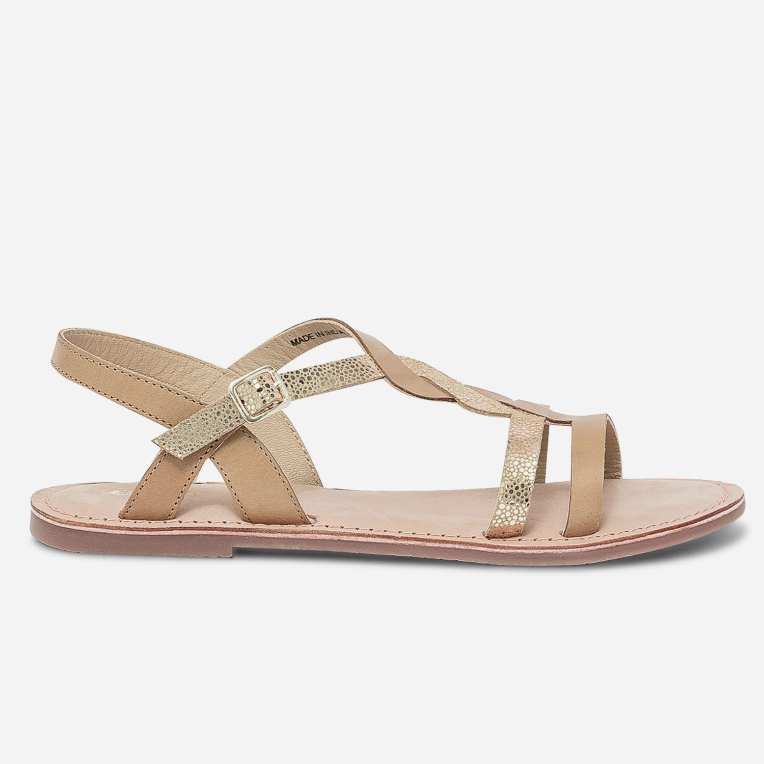 Sandale camel en cuir lisse et imprimé