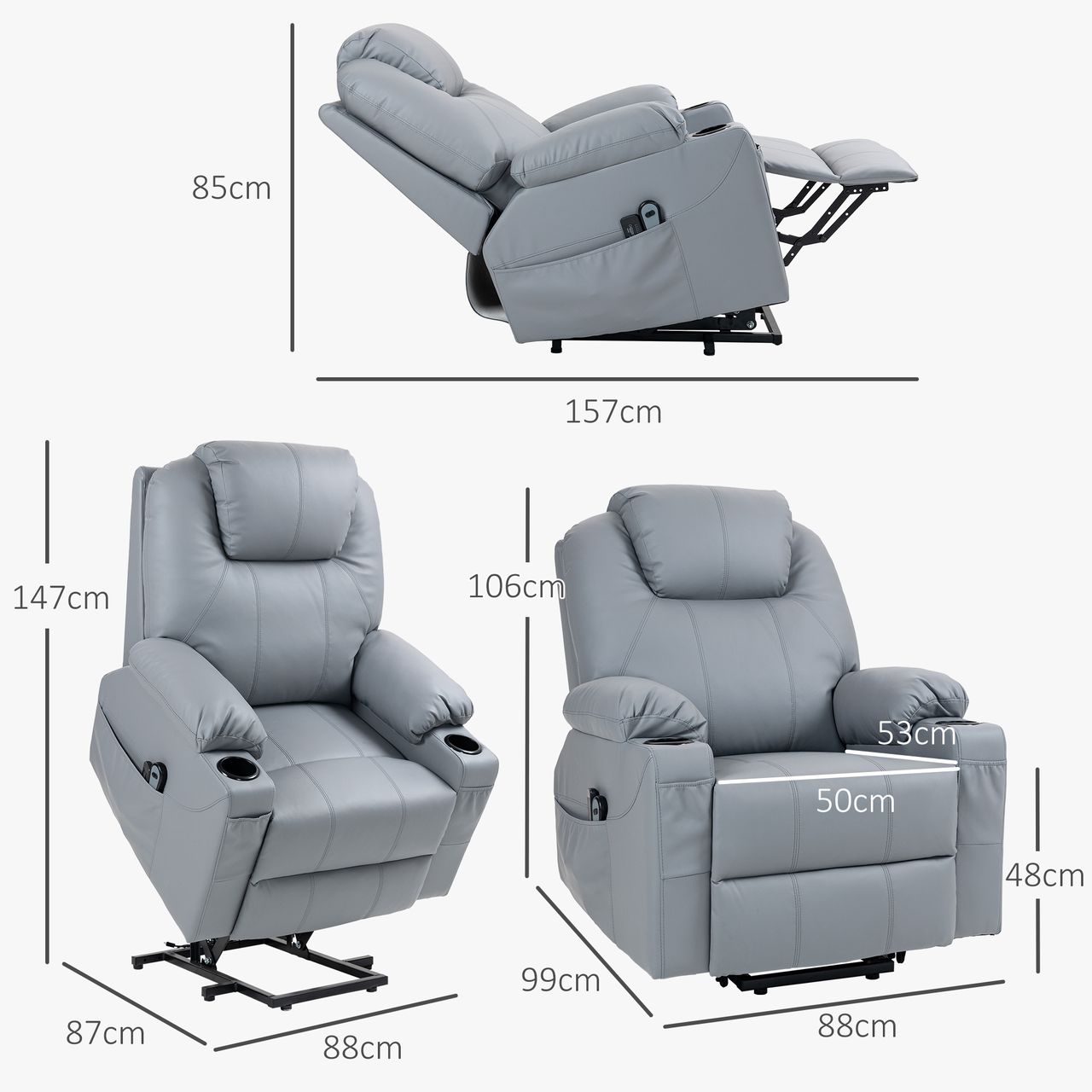 HOMCOM Fernsehsessel mit Aufstehhilfe Elektrisch, Relaxsessel mit Massagefunktion Grau