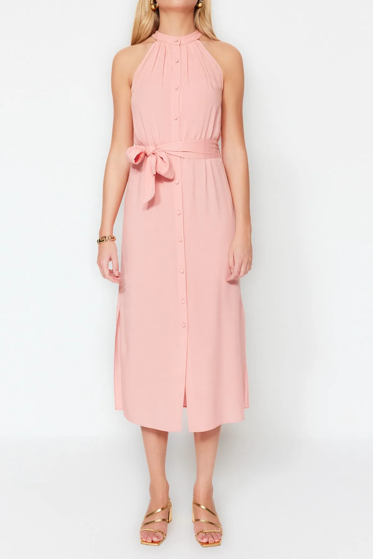 Trendyol Collection  Dusty Rose – Gewebtes Midi-Hemdkleid mit Gürtel TWOSS19XM0112