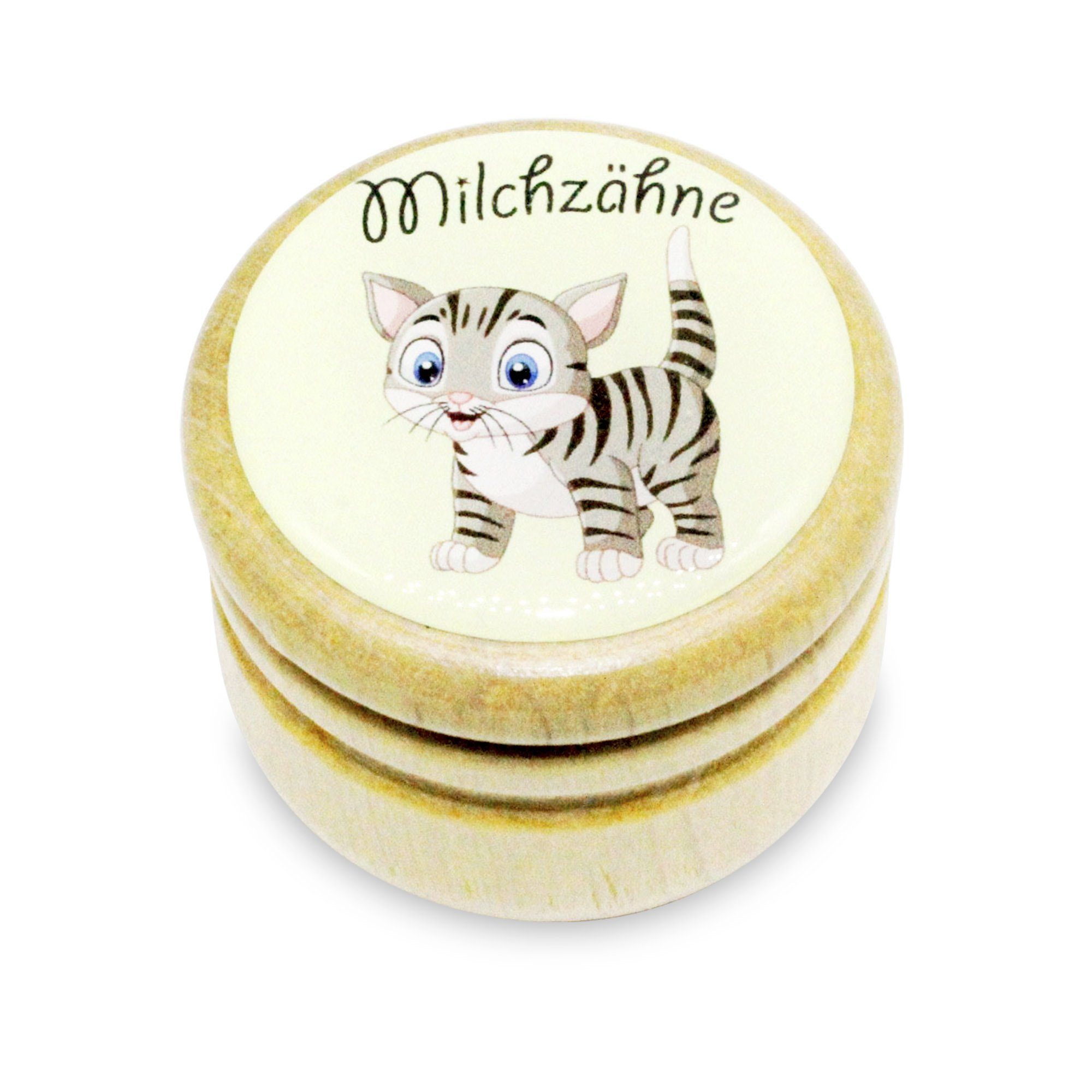 GICO Zahndose Milchzahndose Katze Zahndose Milchzähne Bilderdose aus Holz mit Drehve, für Jungen und Mädchen