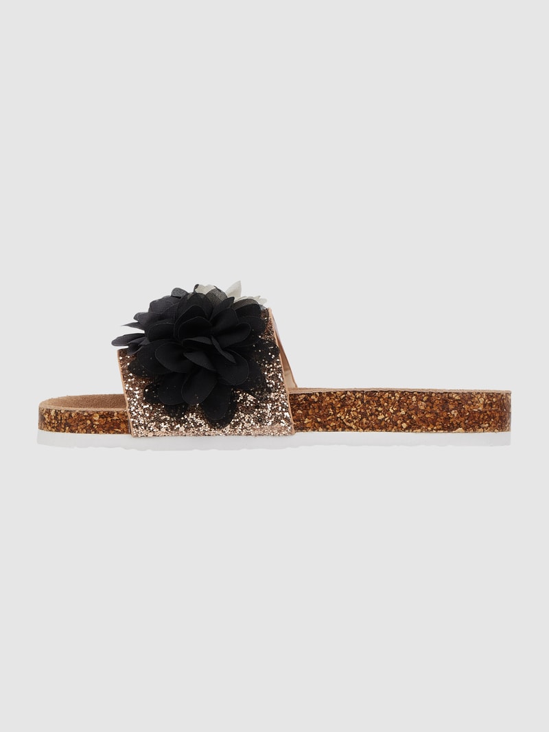 Pantolette mit Blüten-Applikationen in schwarz