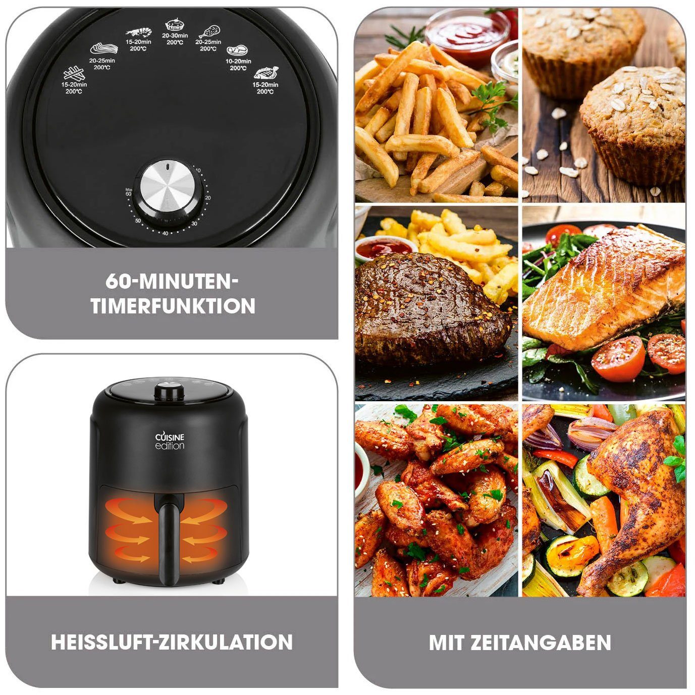 Cuisine Edition Heißluftfritteuse 12614, 1000 W, 2,3 Liter Fassungsvermögen, Drehregler, 200°C, Timer (1-60 Minuten)