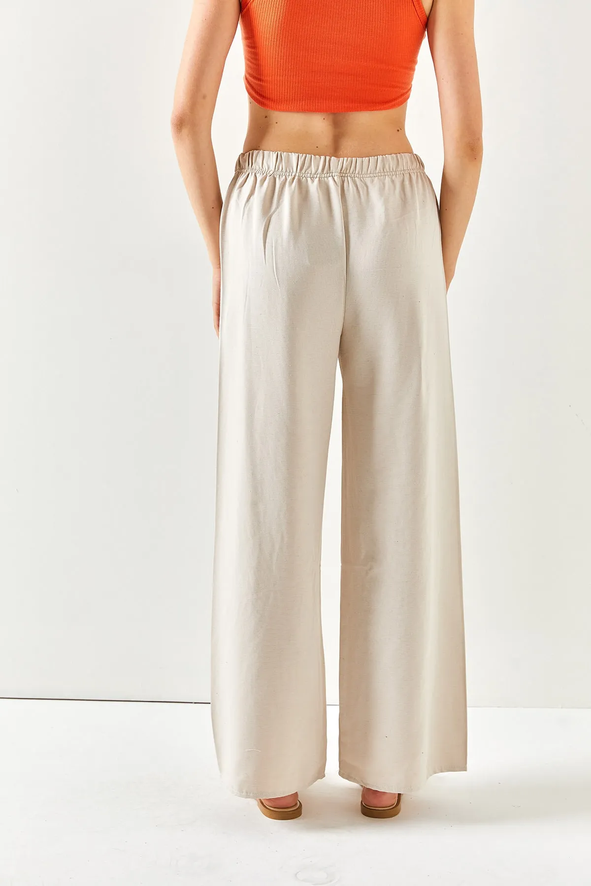 Olalook  Damen-Palazzo-Leinenhose mit elastischem Bund und Schnürung in Steinoptik PNT-19000219