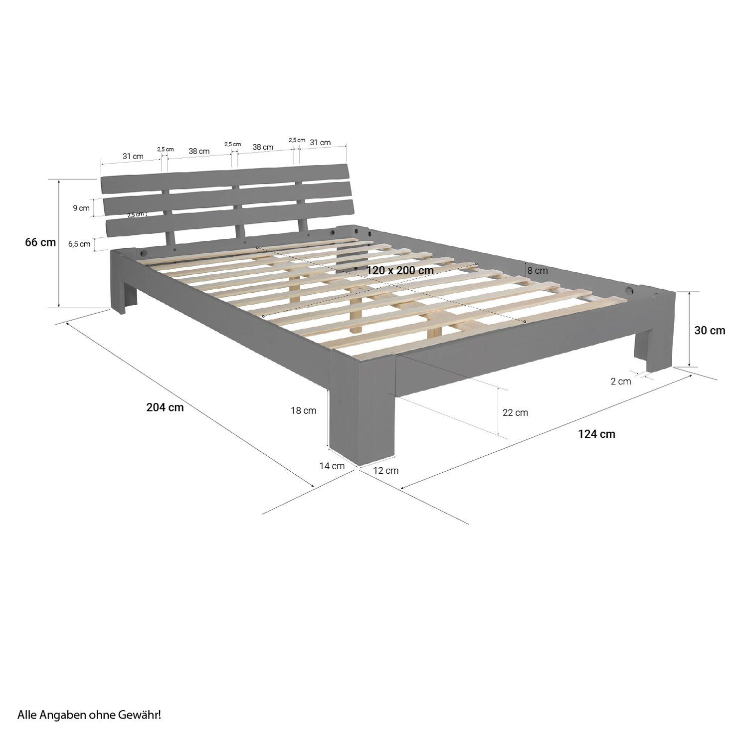 Homestyle4u Holzbett Doppelbett Futonbett 120x200 Grau massive Kiefer