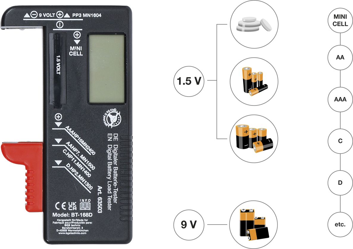 BGS Do It Yourself 63503 Digitaler Batterietester 1,5 V / 9 V