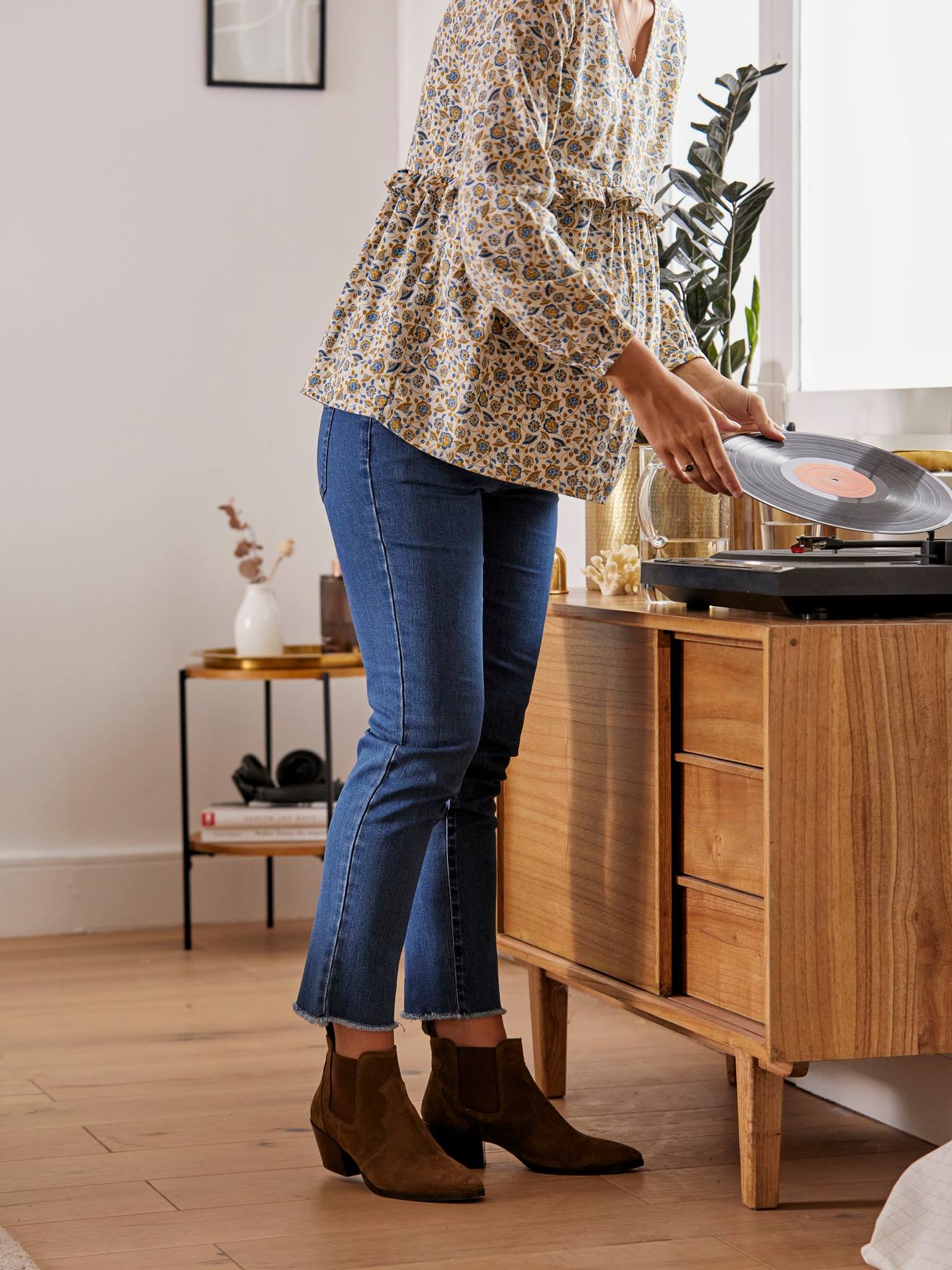 Jean droit effiloché de grossesse entrejambe 68 cm bleu denim