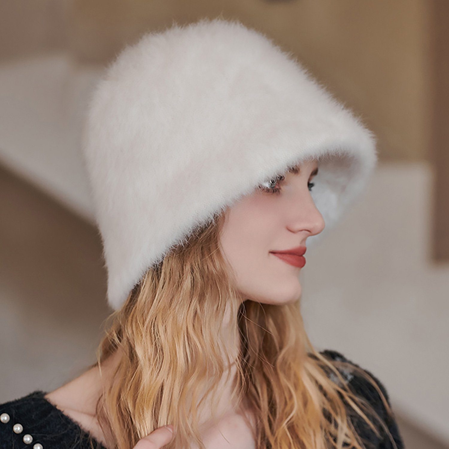 MAGICSHE Fischerhut Designer-Stil Winter Wärmer Pelzig Fischerhut für Frauen Mädchen Süß und niedlich Faltbar Kunstpelz Fischerhut