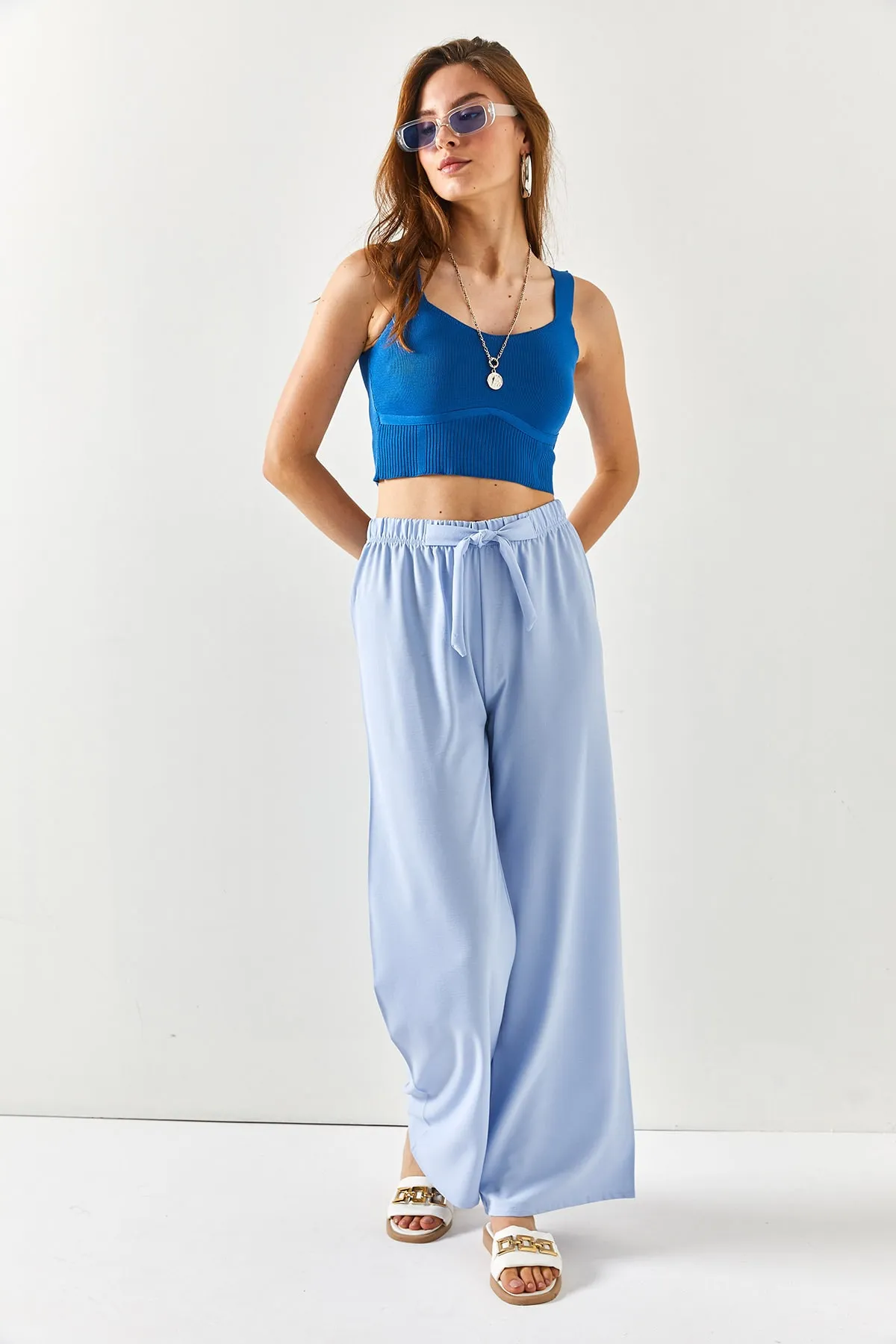 Olalook  Eisblaue Palazzo-Ayrobin-Hose mit Gürtel und elastischem Bund für Damen PNT-19000200
