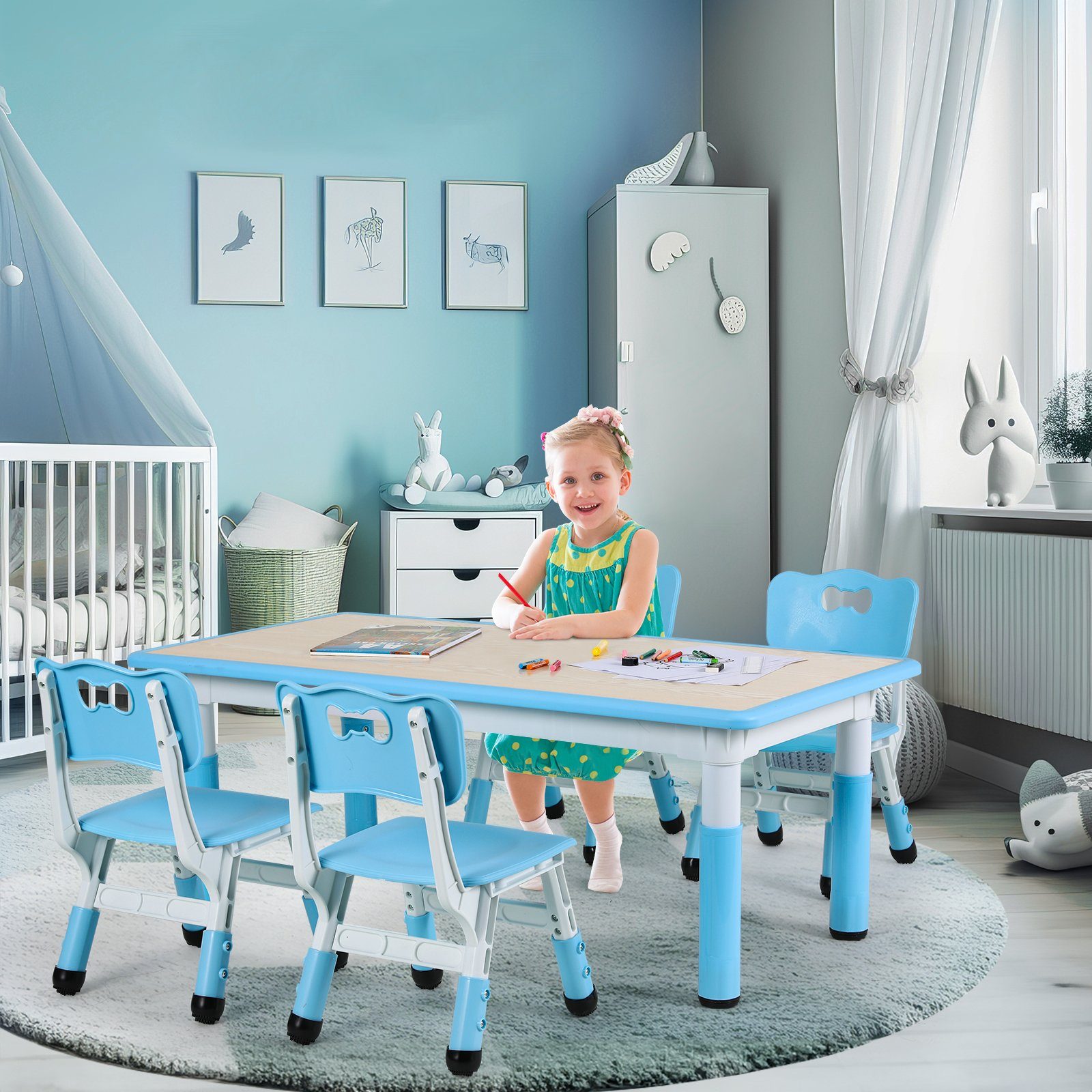 TLGREEN Kindersitzgruppe Plastik Kindermöbel, (5-tlg), Kindertisch mit 4 Stühlen Höhenverstellbar