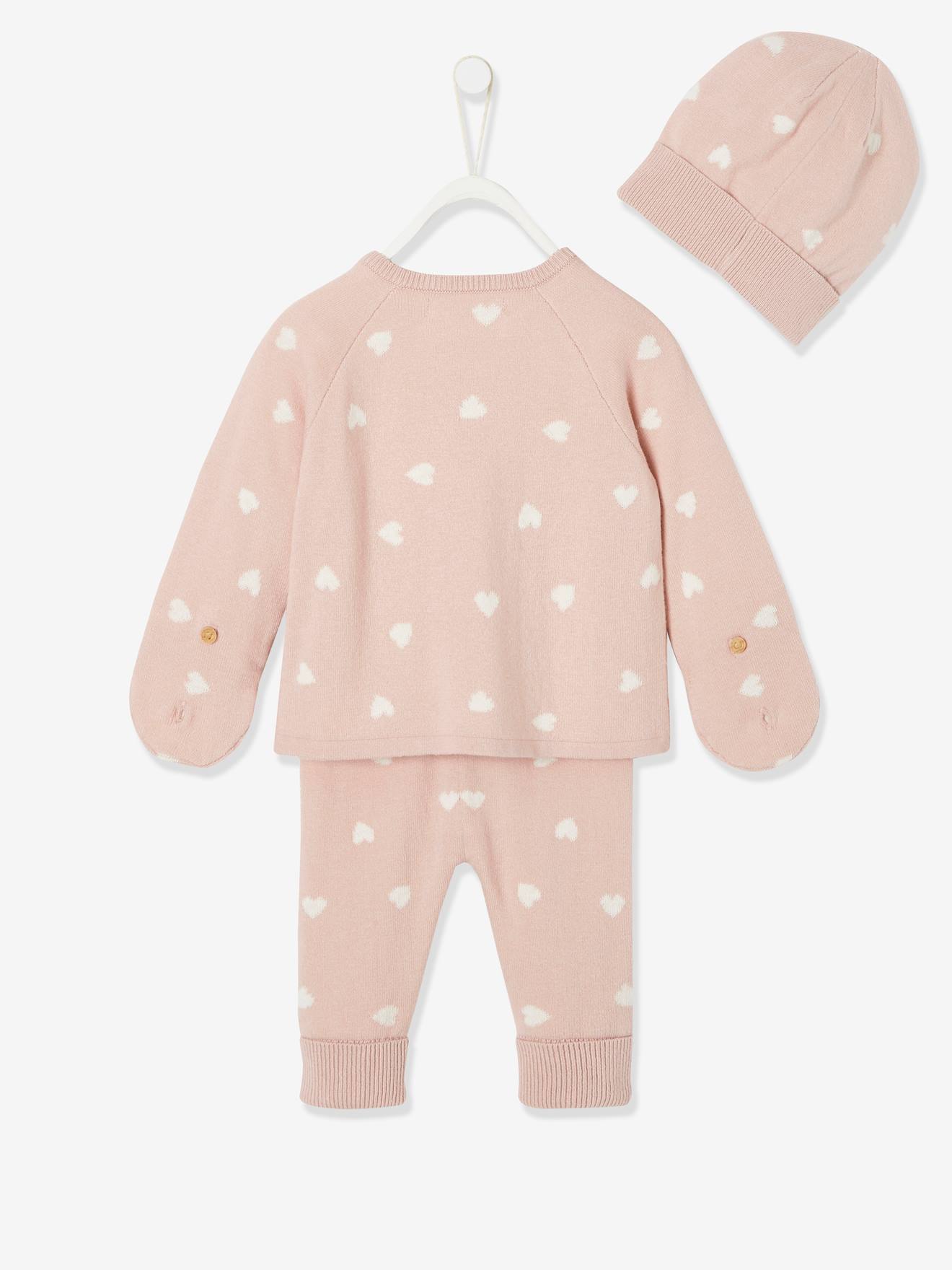 Ensemble 4 pièces bébé : pull + pantalon + bonnet + moufles gris clair chiné