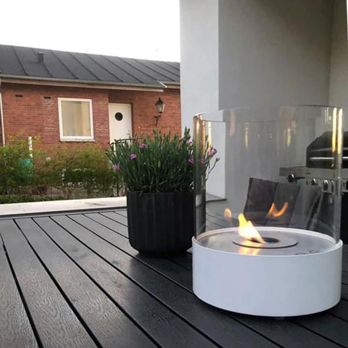 ScandiFlames Southwark Runder Tisch Kamin, Weiß, Einzigartiges Design mit Glas, Bioethanol, 1,15 kW