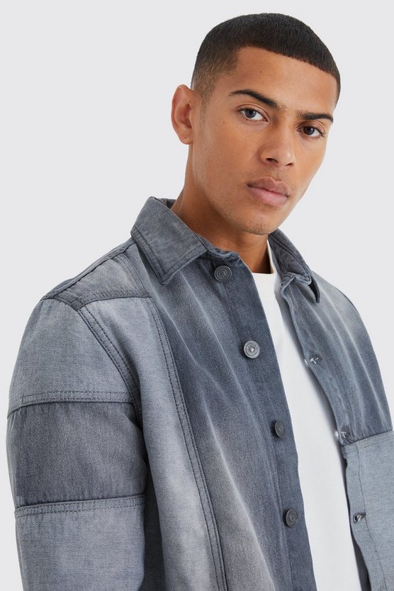 Patchwork Denim-Overshirt mit Acid-Waschung
