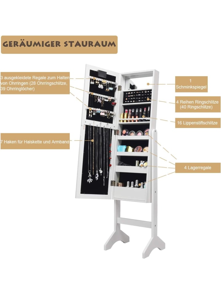 COSTWAY Schmuckschrank mit 18 LEDS in Weiß günstig kaufen 145 cm