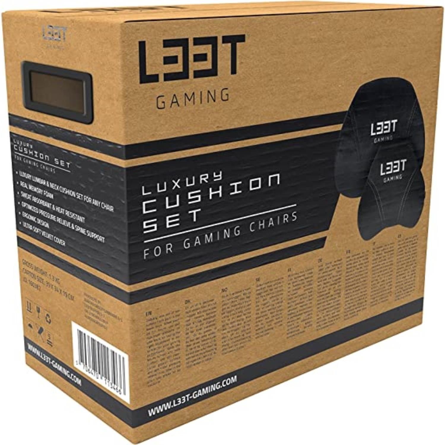 L33T Gaming-Stuhl Luxuriöses Gaming Stuhl Kissen Set, Memory Foam, Samt, Schwarz, Schweißabsorbierend, hitzebeständig, ergonomisch