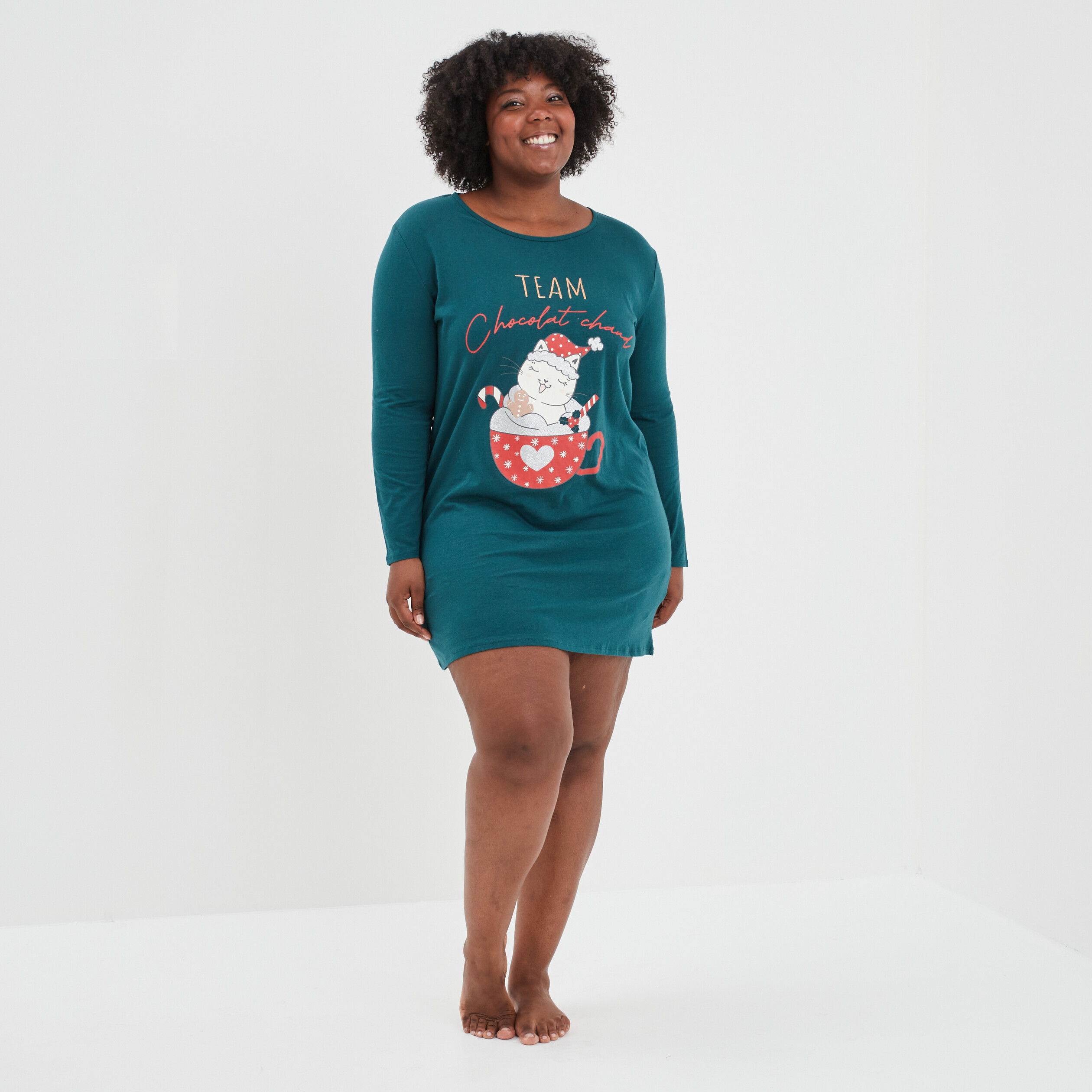 Chemise de nuit manches longues col rond vert canard femme grande taille | La Halle