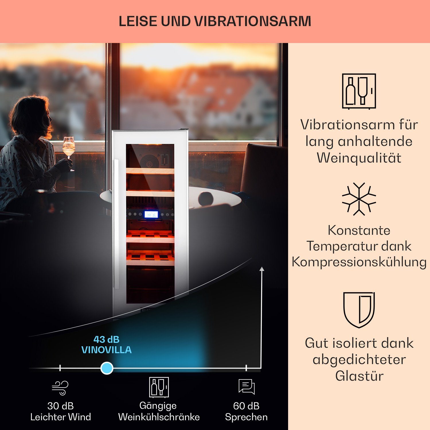 Klarstein Weinkühlschrank Vinovilla 17 Built-in Duo Quartz Edition, für 17 Standardflaschen á 0,75l,2 Zonen Wein Flaschenkühlschrank Weintemperierschrank Weinschrank