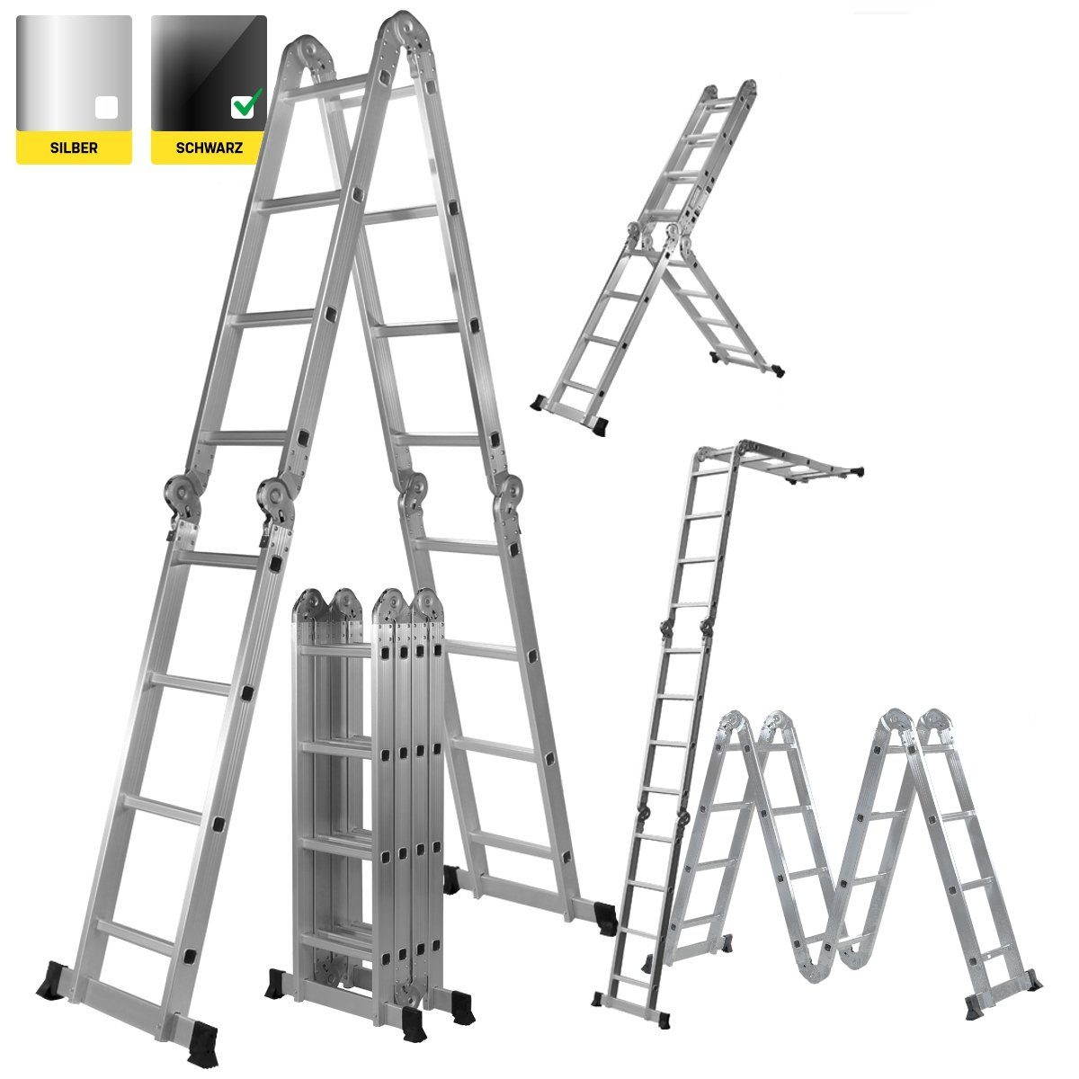 Craftfull Vielzweckleiter 6in1 Leiter CF-104A inkl. 3 Jahre Garantie Mehrzweckleiter Aluminium (Sicherheits-Sperriegel - Alu Stehleiter bis 150 kg - Anlegeleiter - Arbeitsbühne - Multigerüst mit Rollen - Haushaltsleiter - Stufen Leiter - Arbeitsleite