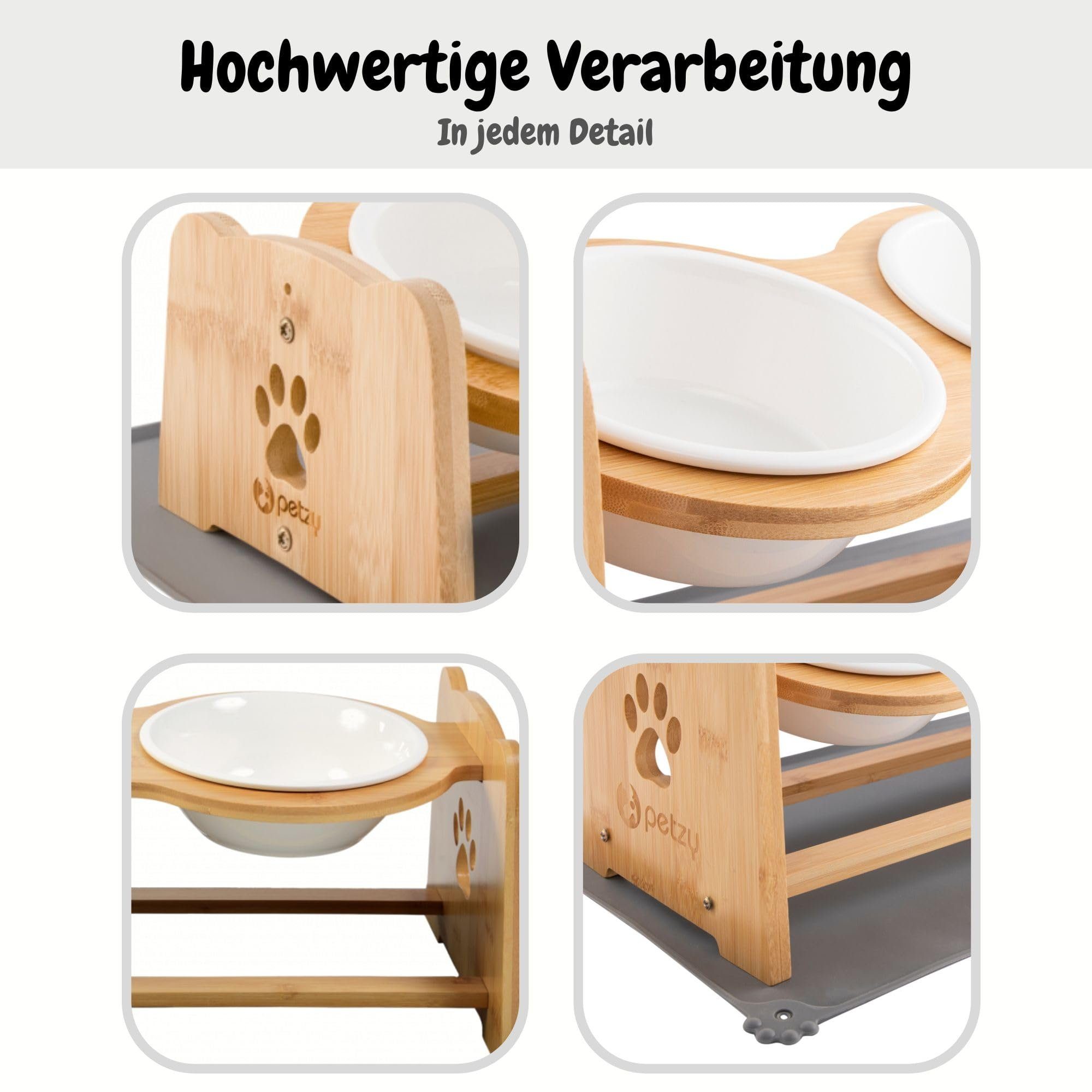 Petzy Napf-Set Premium erhöhter Hundenapf verstellbar, Keramik, Näpfe aus Keramik, Napfunterlage verfügbar, 350 - 1200 ML