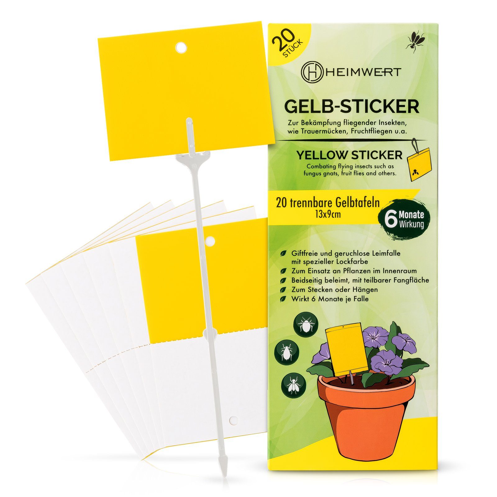 HEIMWERT Klebefalle Gelbsticker Gelbtafeln XXL, 6 Monate Langzeit teilbar mit 20 XXL Erdspießen und 20 Bindedrähten