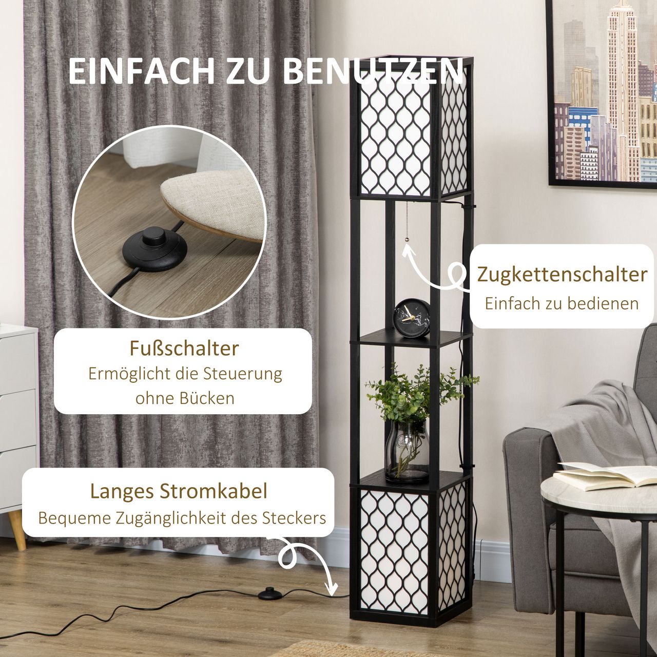 HOMCOM Stehleuchte mit Doppellicht, Regal 40 W Standlampe für Wohnzimmer Schwarz