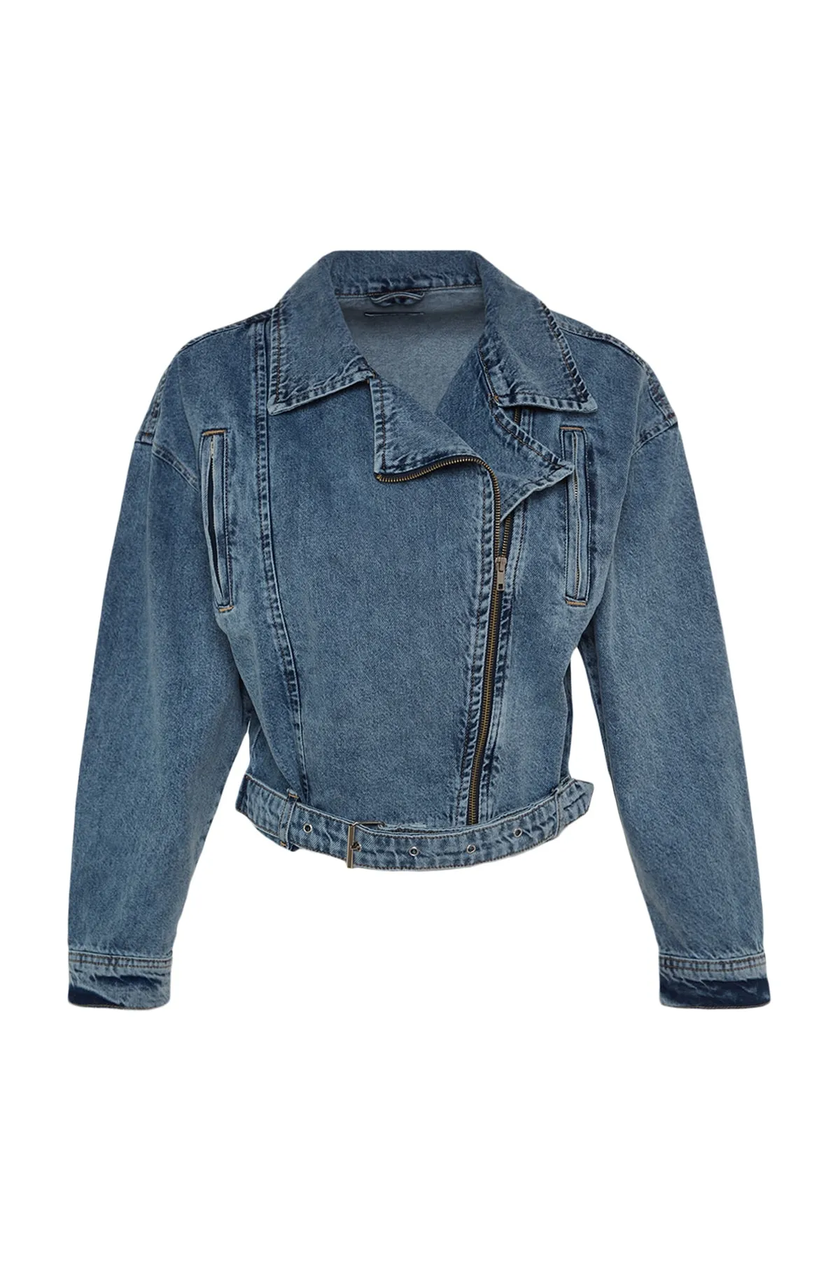 Trendyol Collection  Blaue Biker-Jeansjacke mit Reißverschlussdetail TWOSS23CE00050
