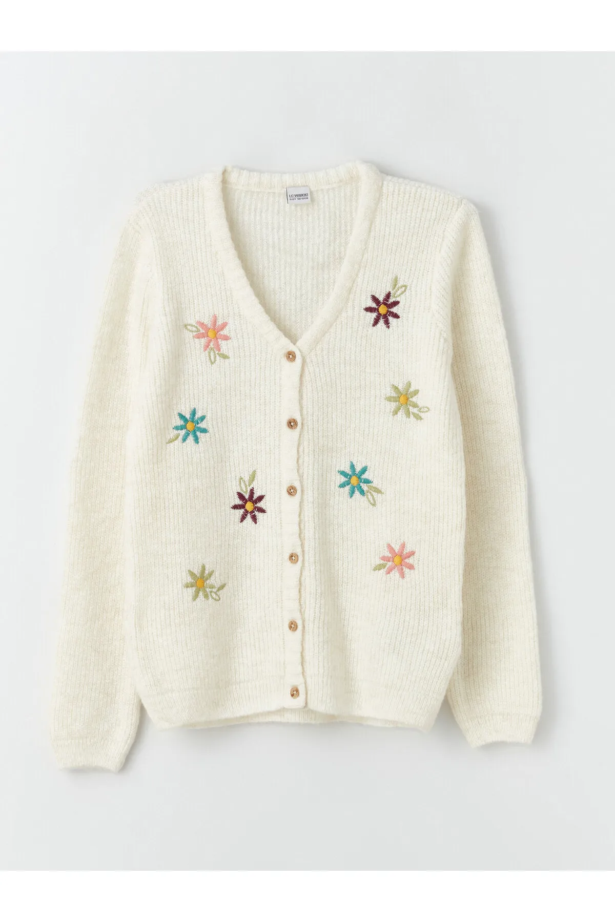 LC Waikiki  Strickjacke mit V-Ausschnitt und Stickereien für Mädchen mit langen Ärmeln
