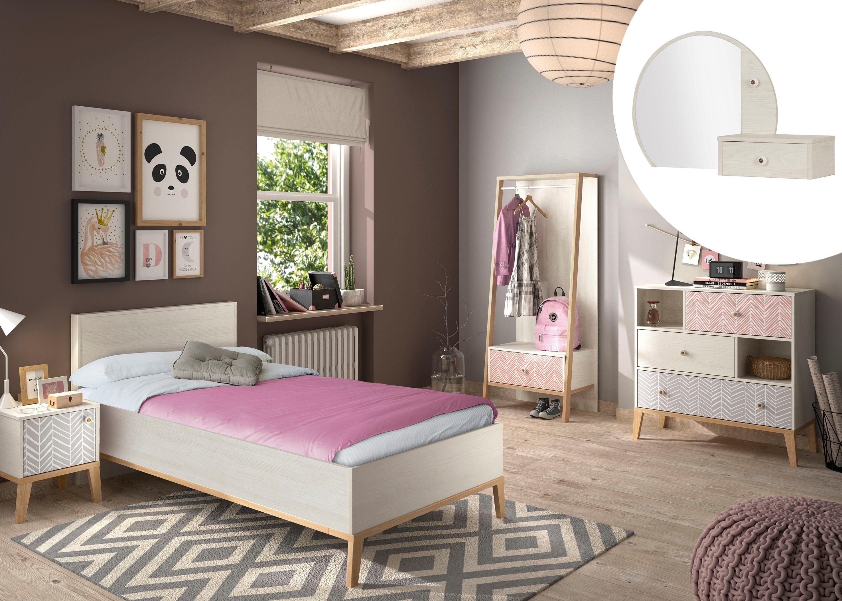 Gami Jugendzimmer-Set Alika, (Set, 5-St., Kleiderständer, Bett, Nachttisch, Kommode und Aufsatz mit Spiegel)